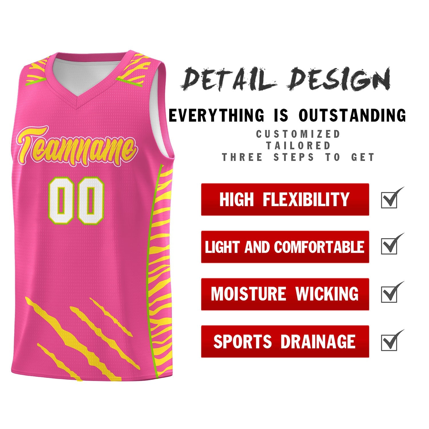 Custom Pink Personalized Tiger Claw Pattern Sports Uniform Basketball Jersey