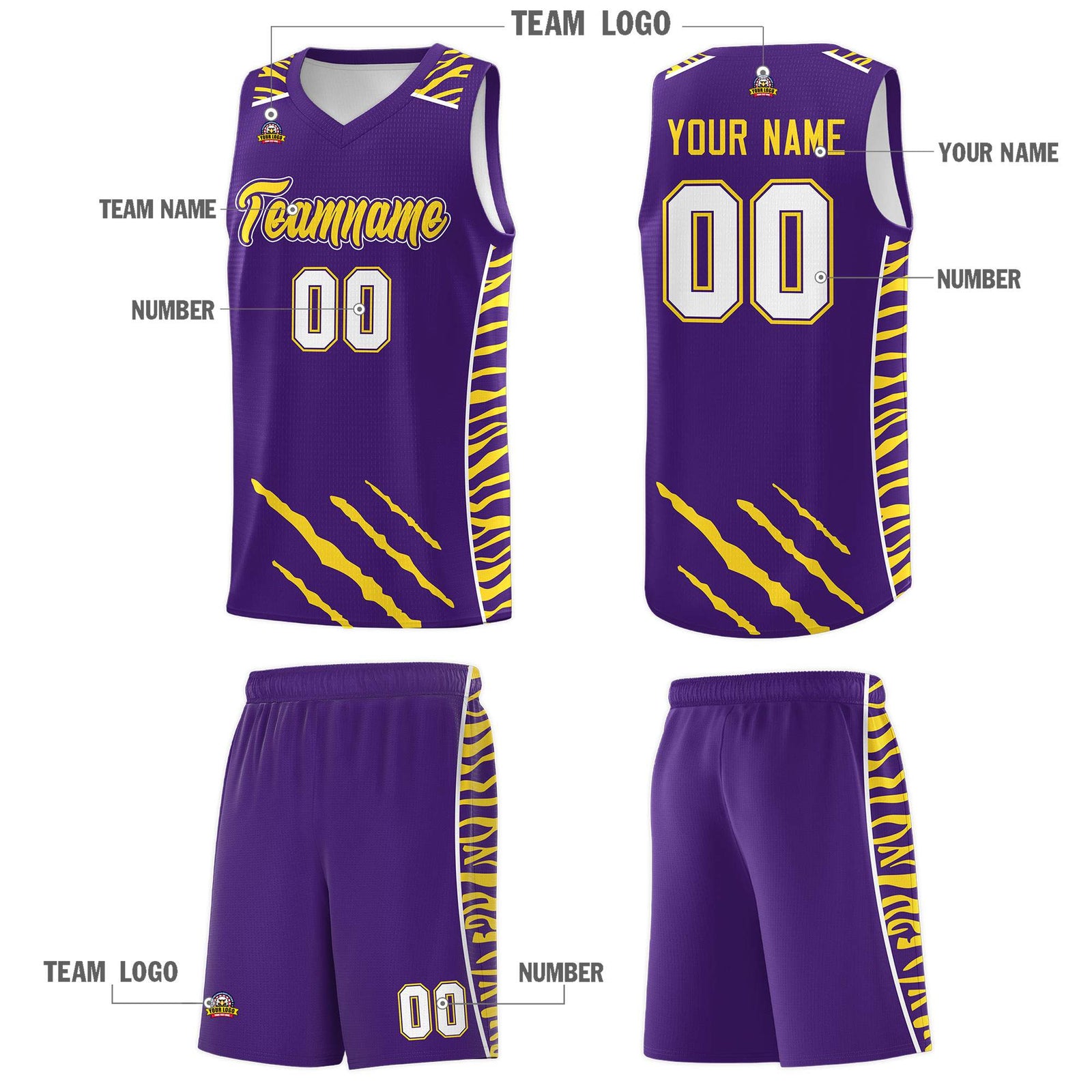 Custom Purple Personalized Tiger Claw Pattern Sports Uniform Basketball Jersey