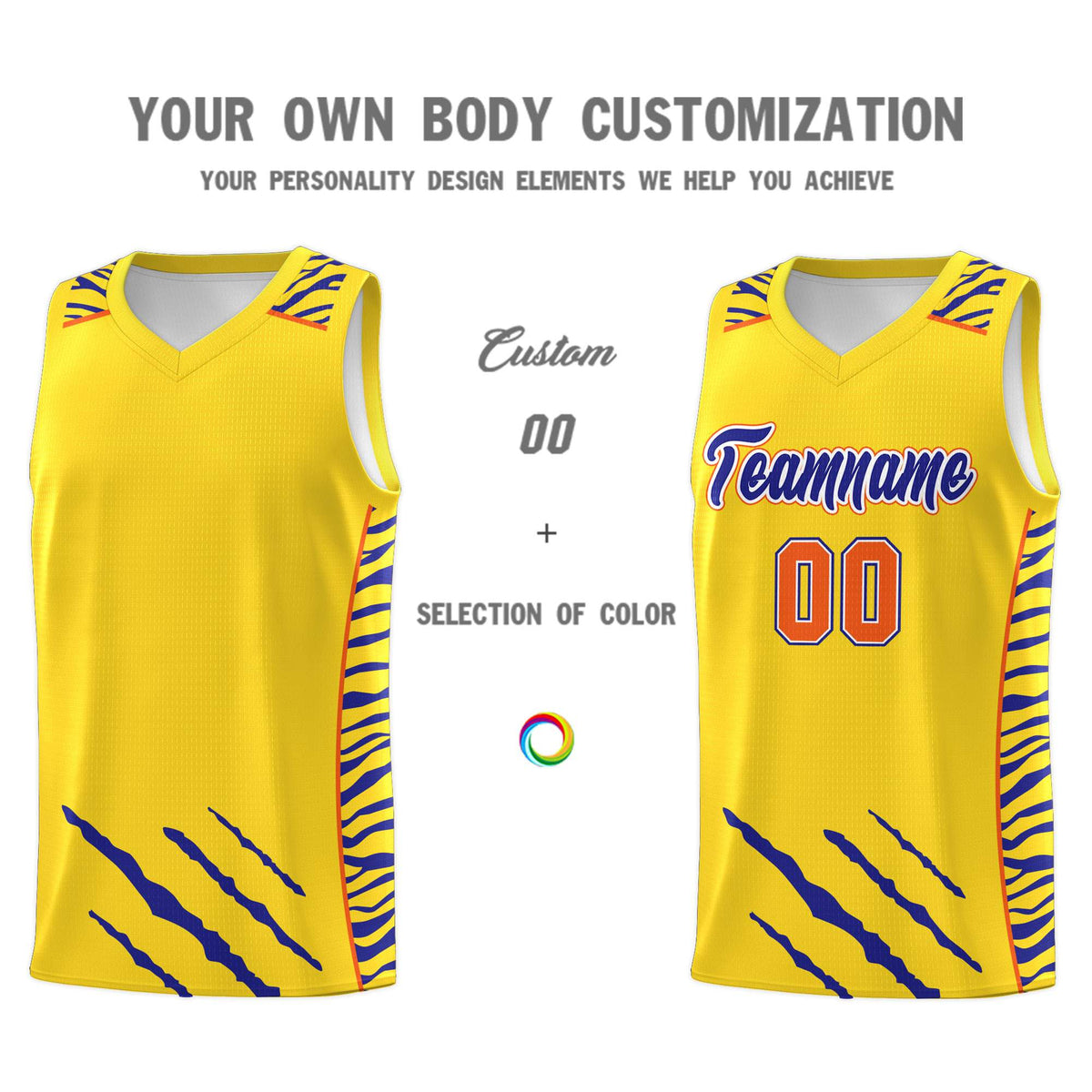 Custom Gold Personalized Tiger Claw Pattern Sports Uniform Basketball Jersey