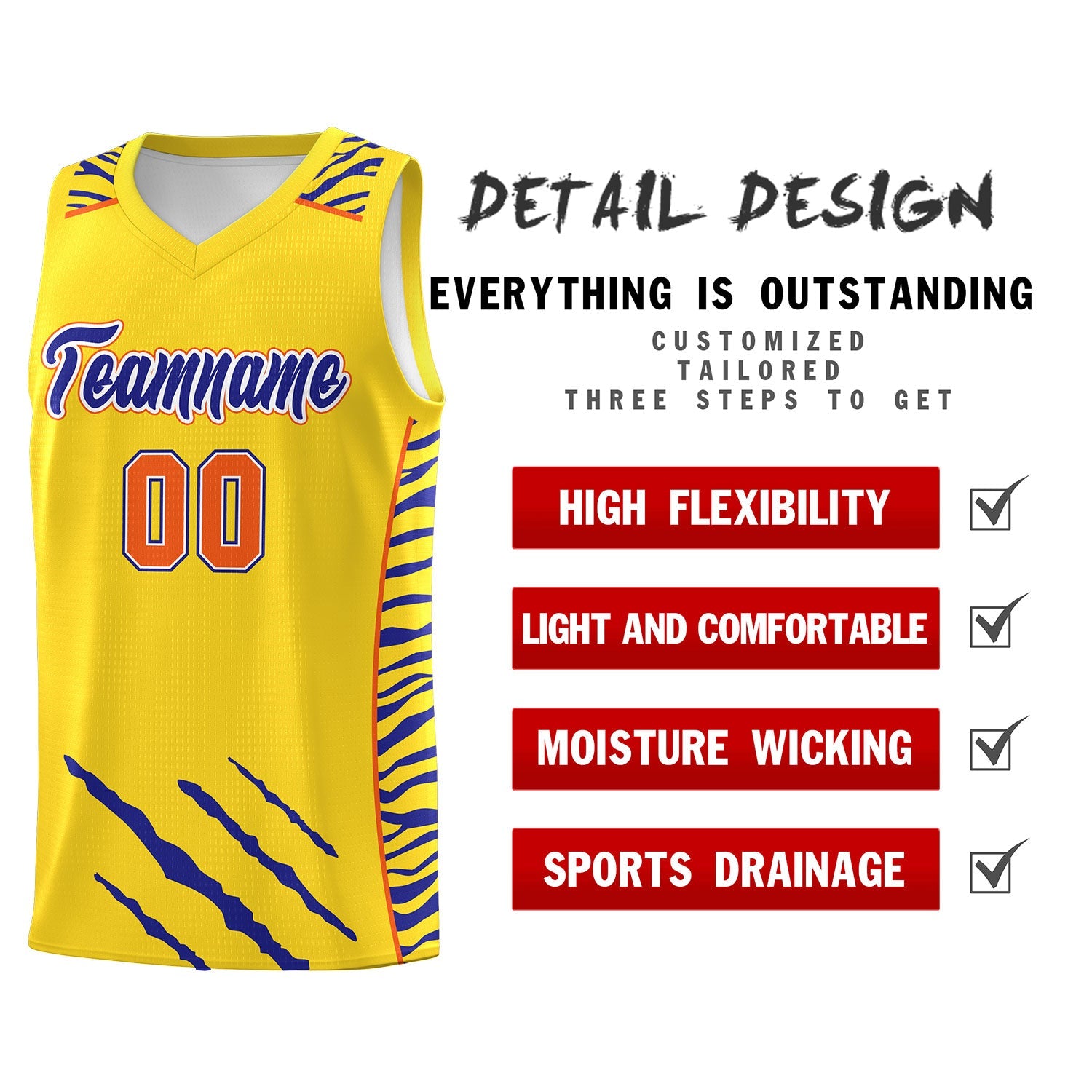 Custom Gold Personalized Tiger Claw Pattern Sports Uniform Basketball Jersey