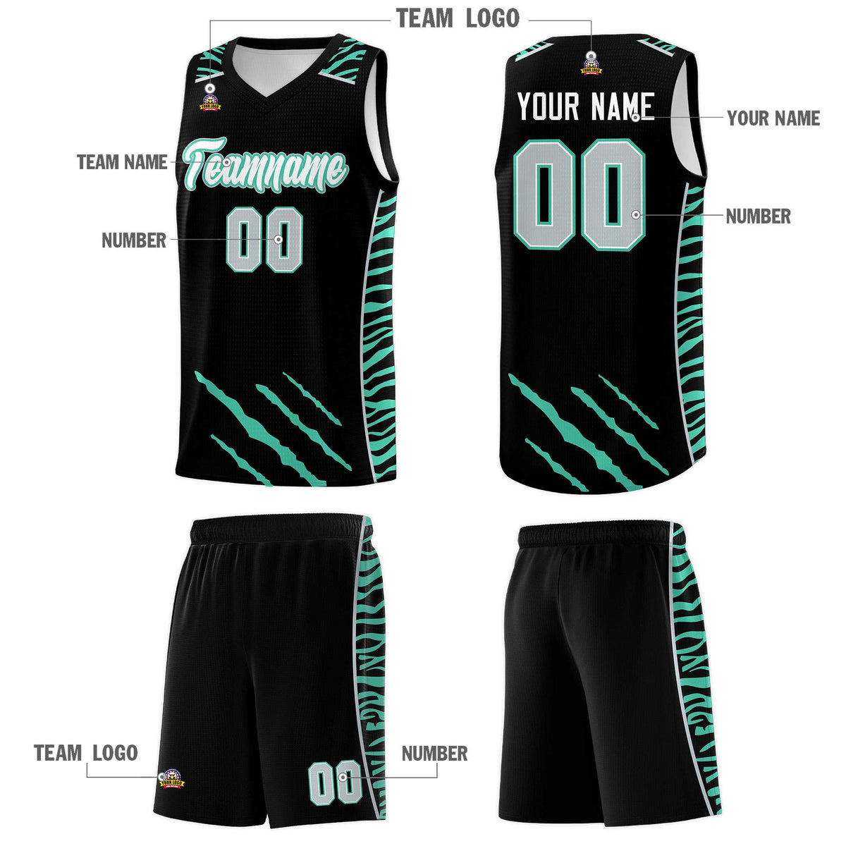 Custom Black Personalized Tiger Claw Pattern Sports Uniform Basketball Jersey