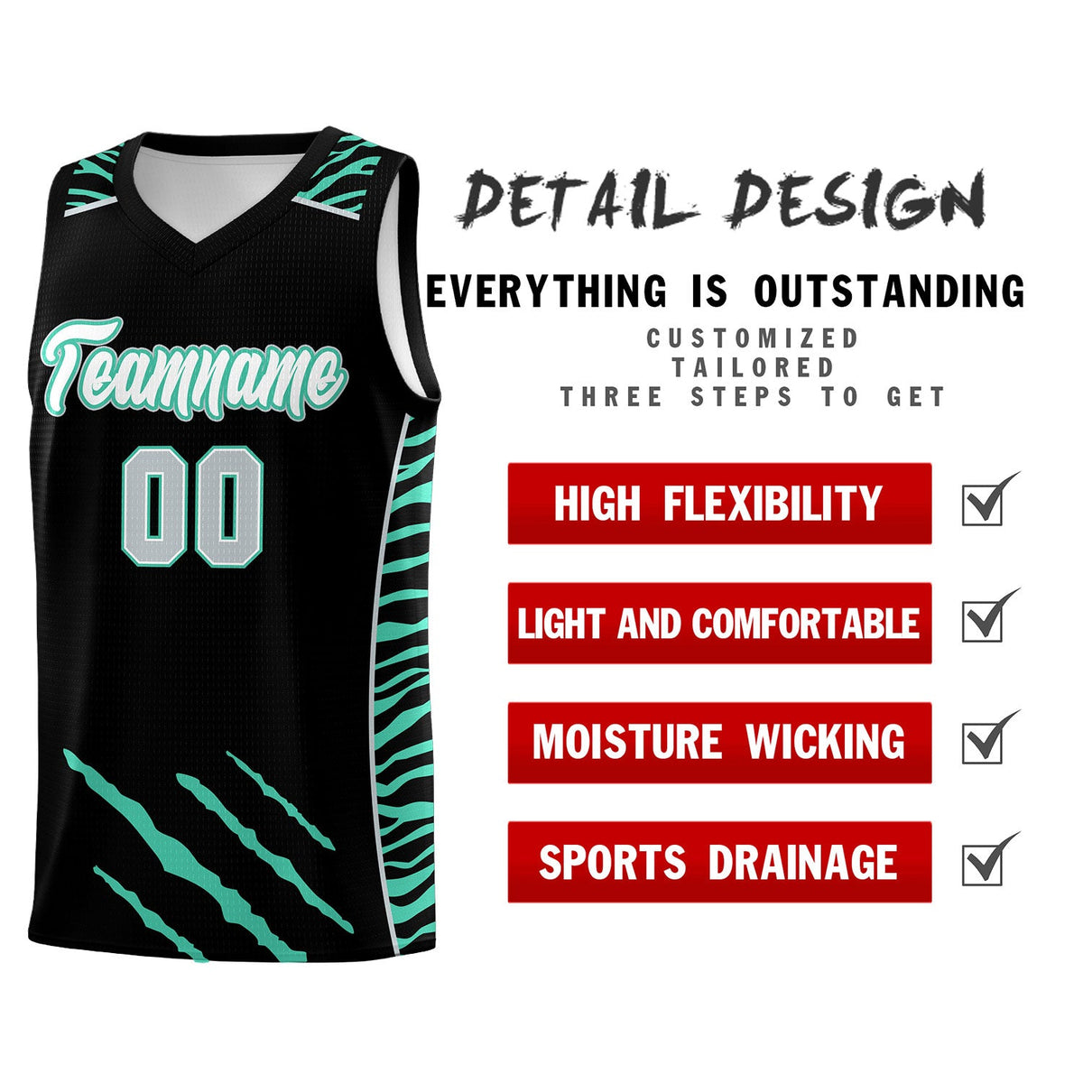 Custom Black Personalized Tiger Claw Pattern Sports Uniform Basketball Jersey