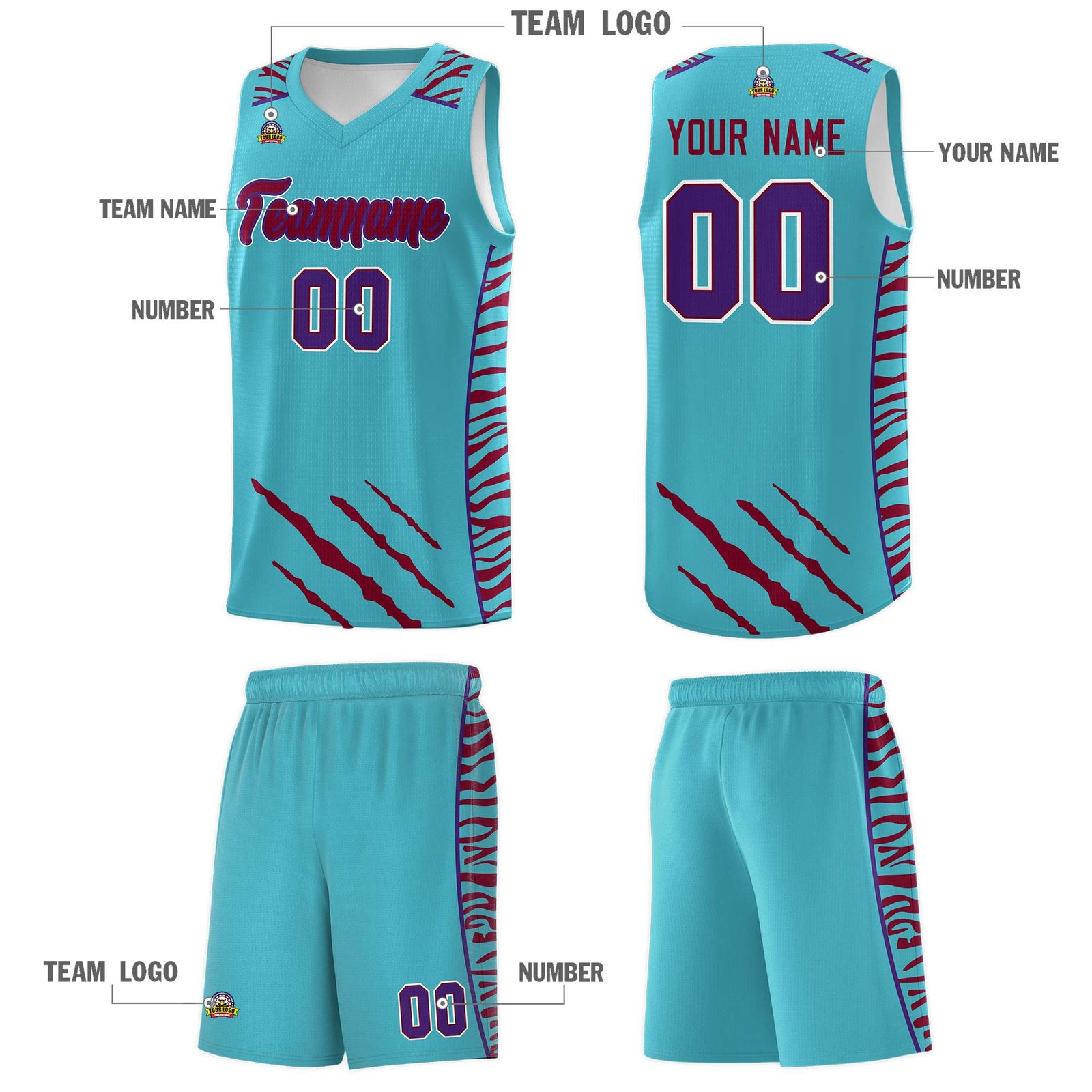 Custom Sky Blue Personalized Tiger Claw Pattern Sports Uniform Basketball Jersey