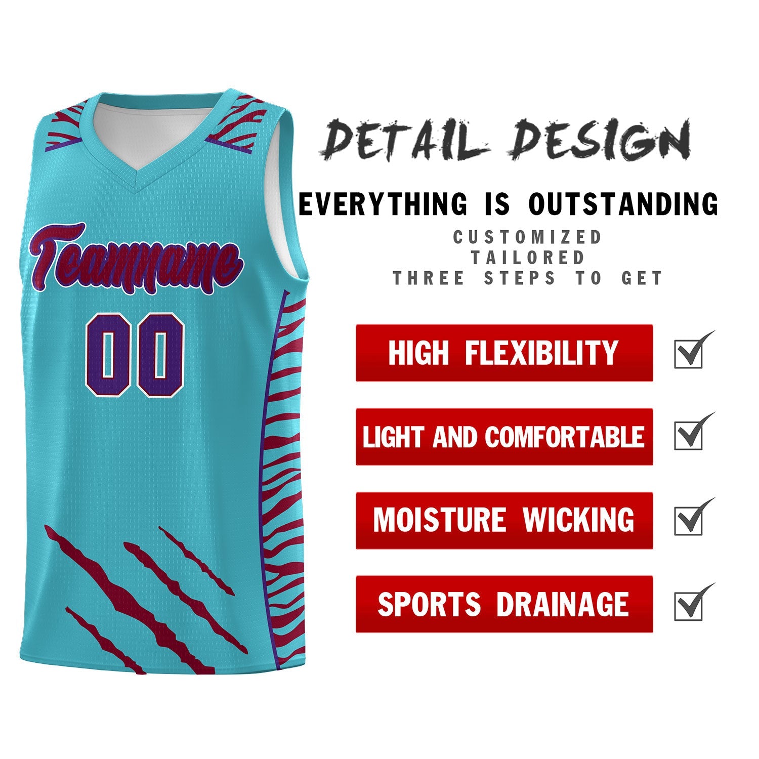 Custom Sky Blue Personalized Tiger Claw Pattern Sports Uniform Basketball Jersey