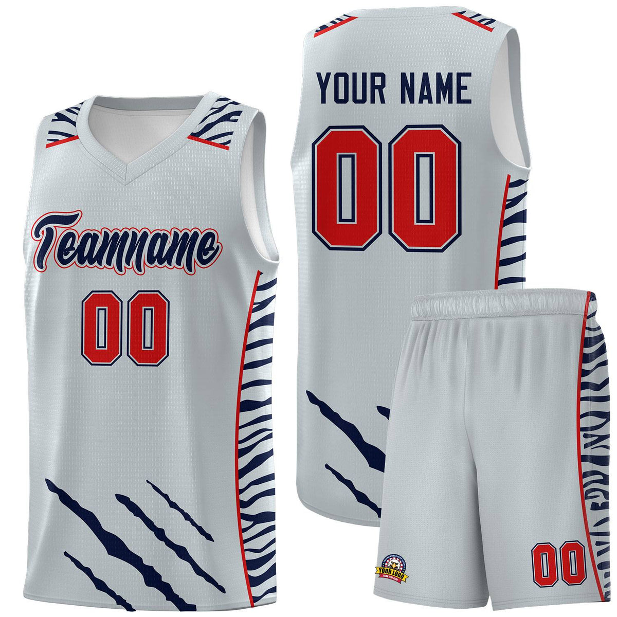 Custom Silver Personalized Tiger Claw Pattern Sports Uniform Basketball Jersey