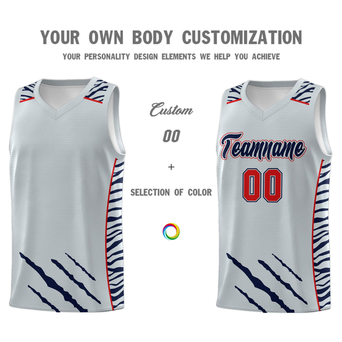 Custom Silver Personalized Tiger Claw Pattern Sports Uniform Basketball Jersey
