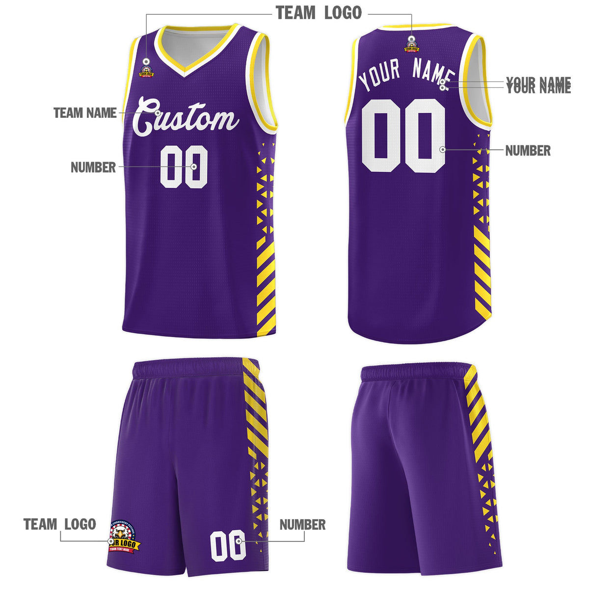 Custom Purple Gold White Side Diamond Shapes Stripes Basketball Jersey | For Men,Sublimation Printed,Perfect for Teams,Perfect for Coaches | KXKSHOP
