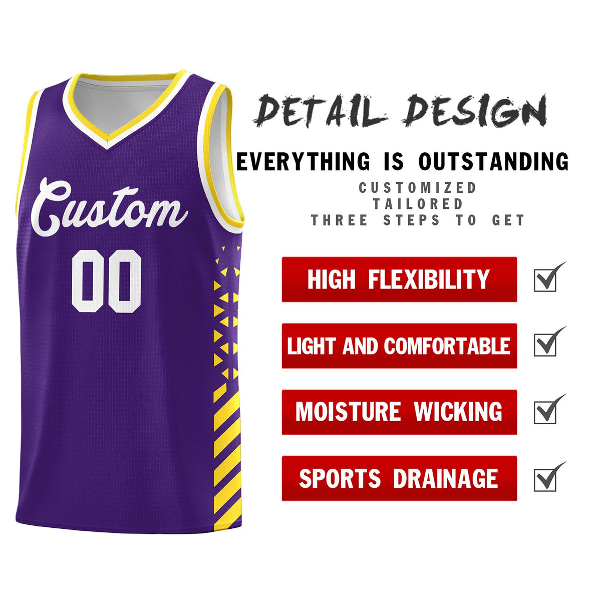 Custom Purple Gold White Side Diamond Shapes Stripes Basketball Jersey | For Men,Sublimation Printed,Perfect for Teams,Perfect for Coaches | KXKSHOP