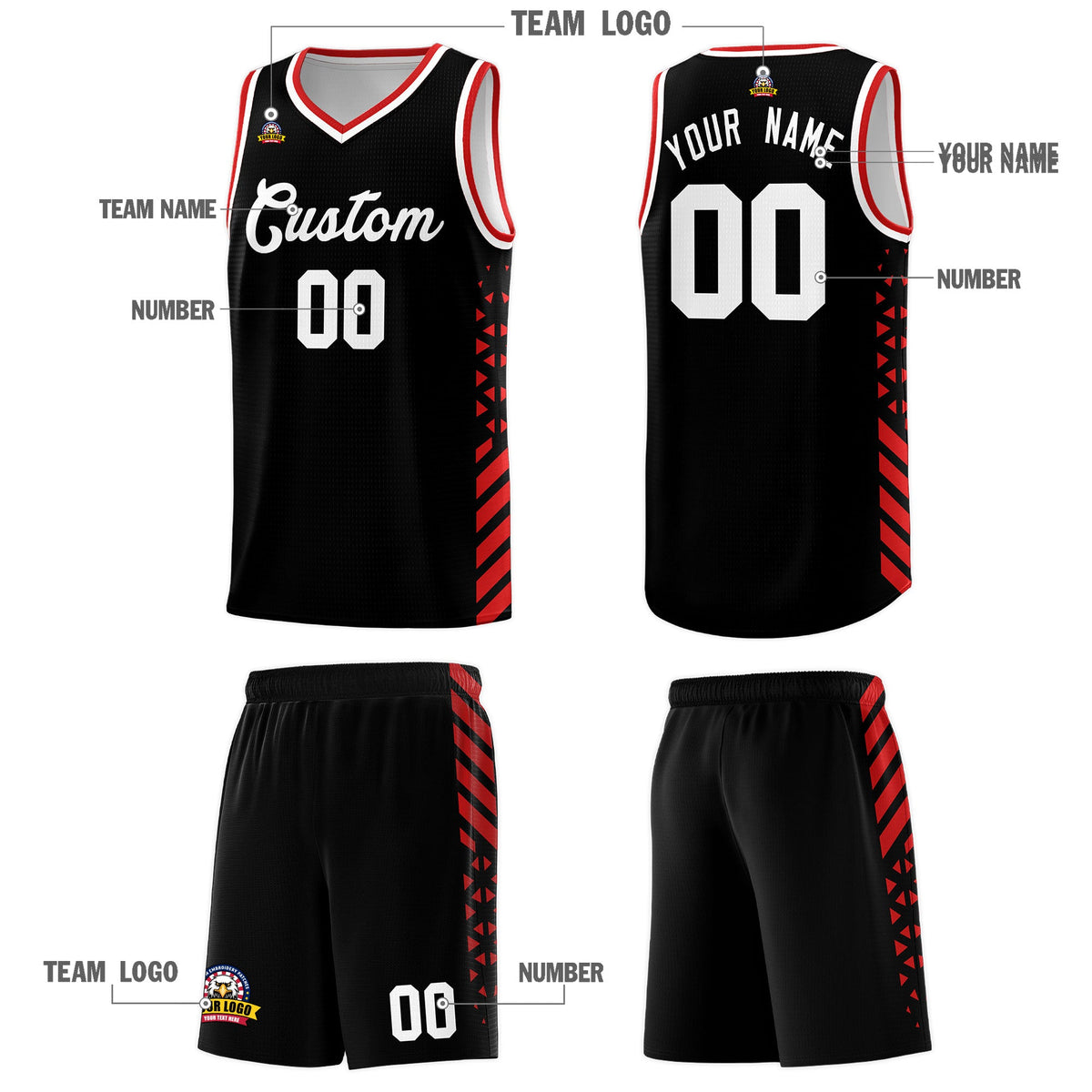 Custom Black Red White Side Diamond Shapes Stripes Basketball Jersey | For Men,Sublimation Printed,Perfect for Teams,Perfect for Coaches | KXKSHOP