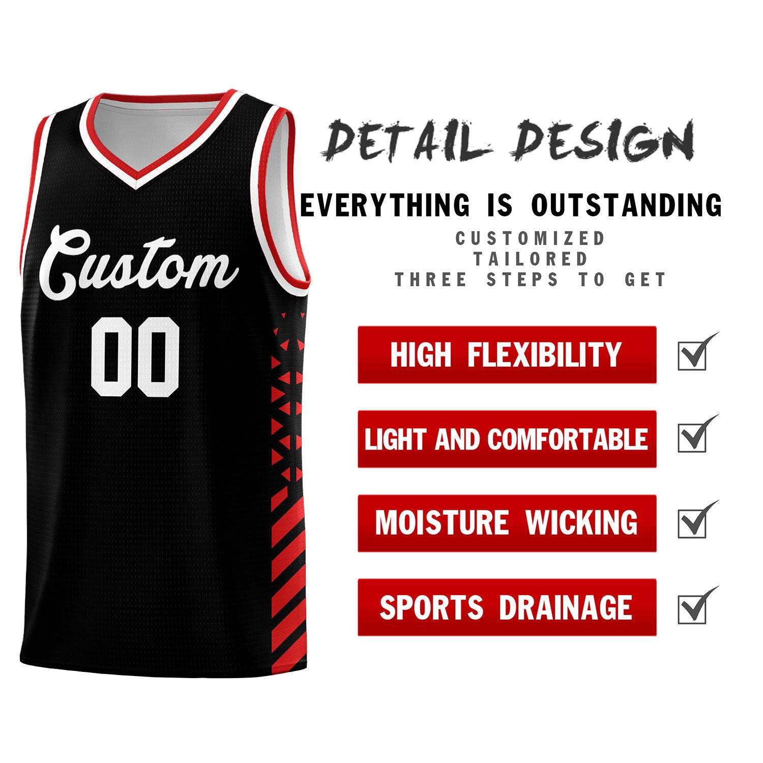 Custom Black Red White Side Diamond Shapes Stripes Basketball Jersey | For Men,Sublimation Printed,Perfect for Teams,Perfect for Coaches | KXKSHOP