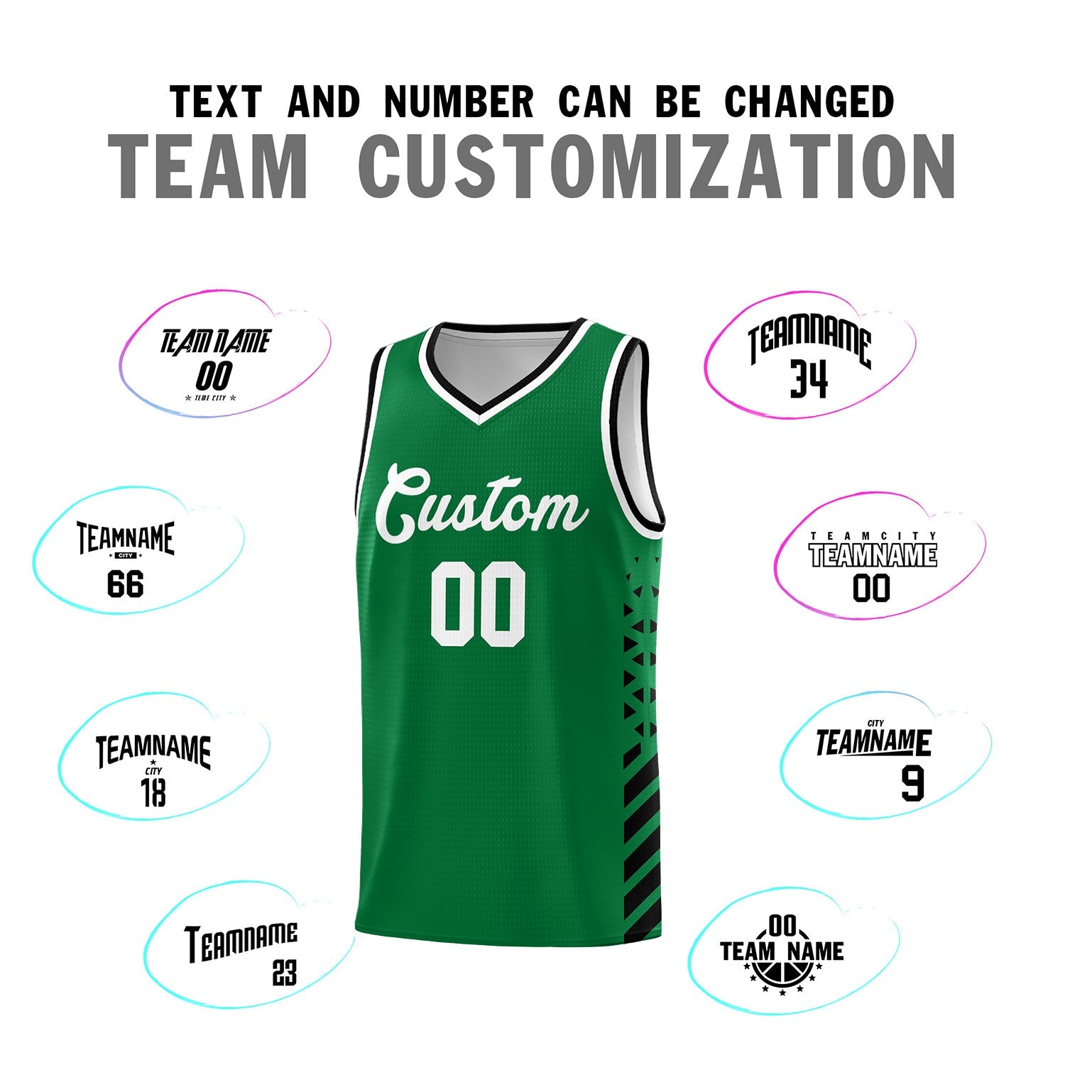 Custom Kelly Green Black White Side Diamond Shapes Stripes Basketball Jersey | For Men,Sublimation Printed,Perfect for Teams,Perfect for Coaches | KXKSHOP