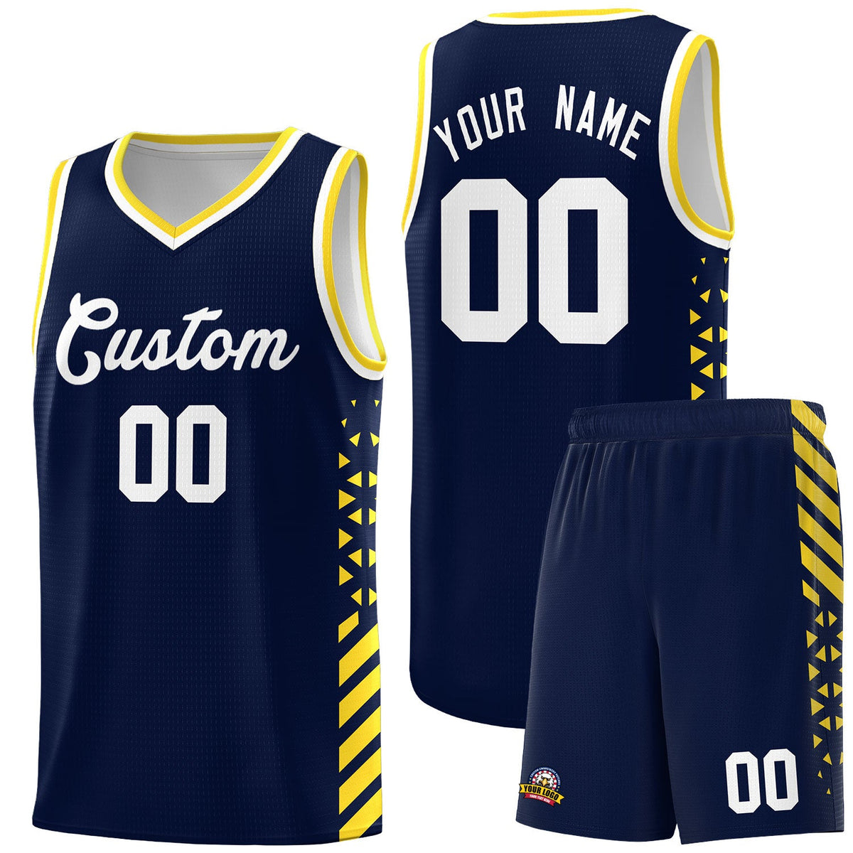 Custom Navy Gold White Side Diamond Shapes Stripes Basketball Jersey | For Men,Sublimation Printed,Perfect for Teams,Perfect for Coaches | KXKSHOP