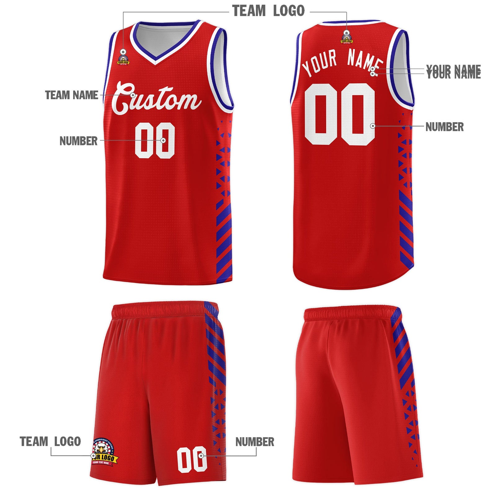 Custom Red Royal Blue White Side Diamond Shapes Stripes Basketball Jersey | For Men,Sublimation Printed,Perfect for Teams,Perfect for Coaches | KXKSHOP