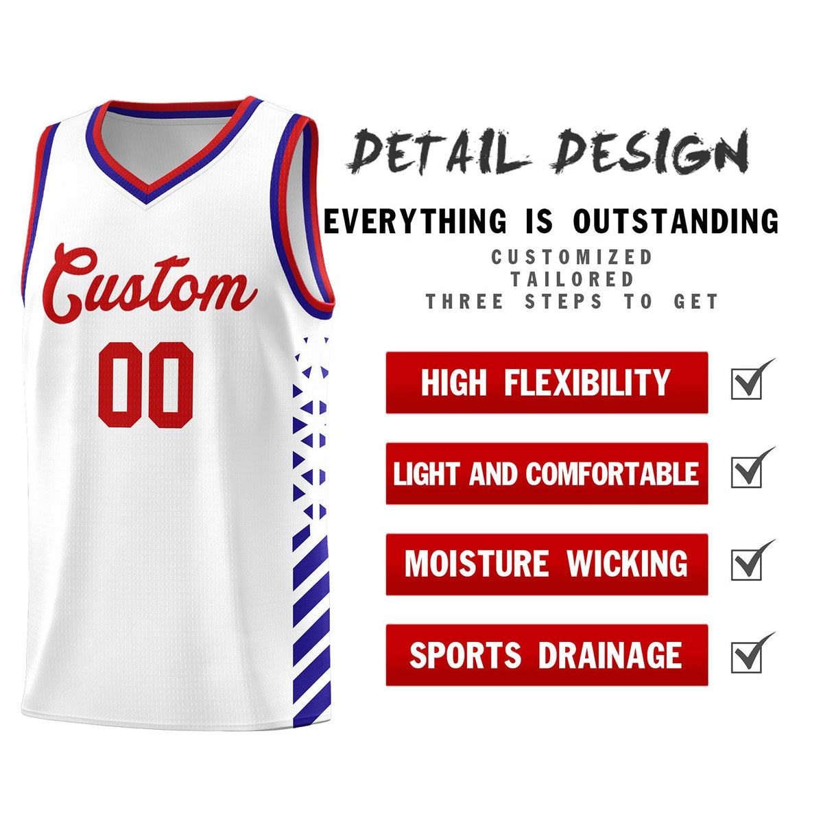 Custom White Royal Blue Red Side Diamond Shapes Stripes Basketball Jersey | For Men,Sublimation Printed,Perfect for Teams,Perfect for Coaches | KXKSHOP