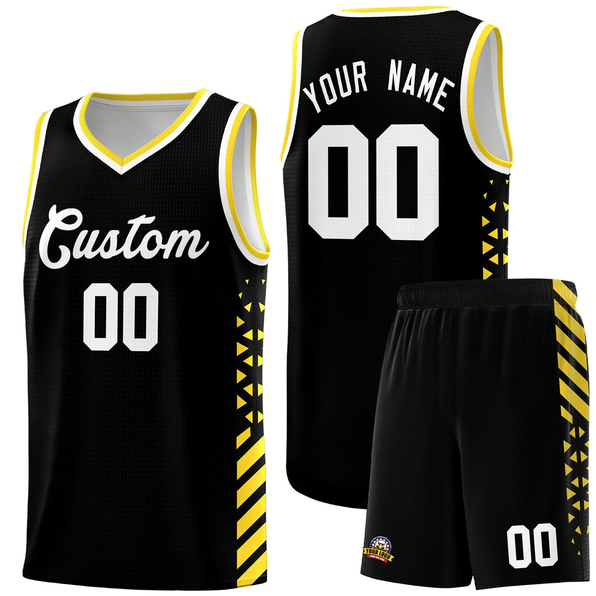 Custom Black Gold White Side Diamond Shapes Stripes Basketball Jersey | For Men,Sublimation Printed,Perfect for Teams,Perfect for Coaches | KXKSHOP