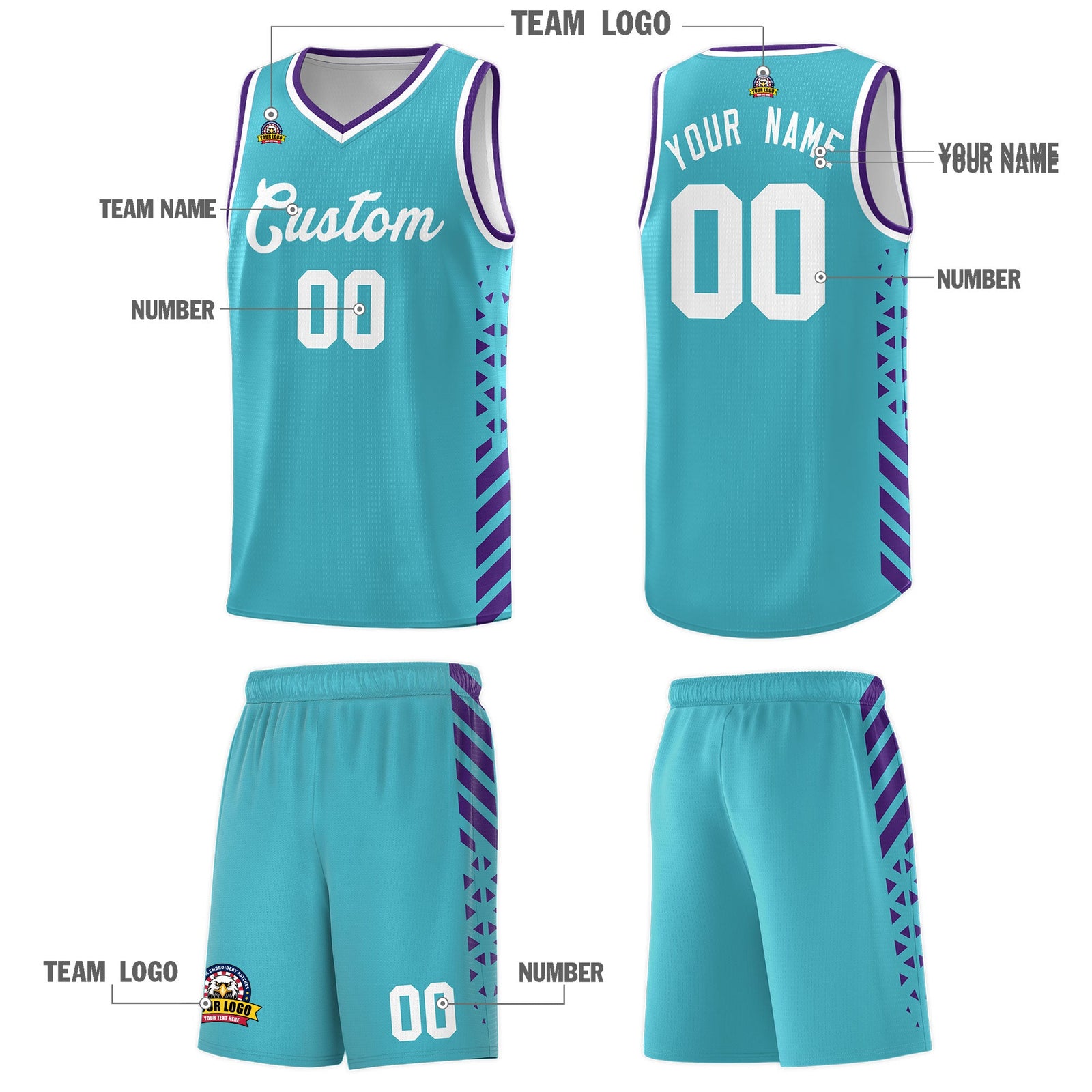 Custom Sky Blue Purple White Side Diamond Shapes Stripes Basketball Jersey | For Men,Sublimation Printed,Perfect for Teams,Perfect for Coaches | KXKSHOP