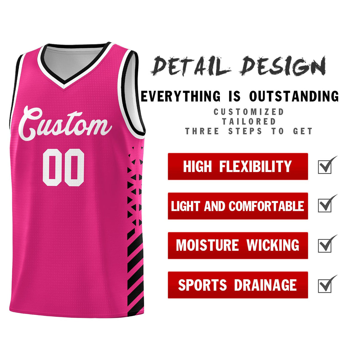 Custom Rose Red Black White Side Diamond Shapes Stripes Basketball Jersey | For Men,Sublimation Printed,Perfect for Teams,Perfect for Coaches | KXKSHOP
