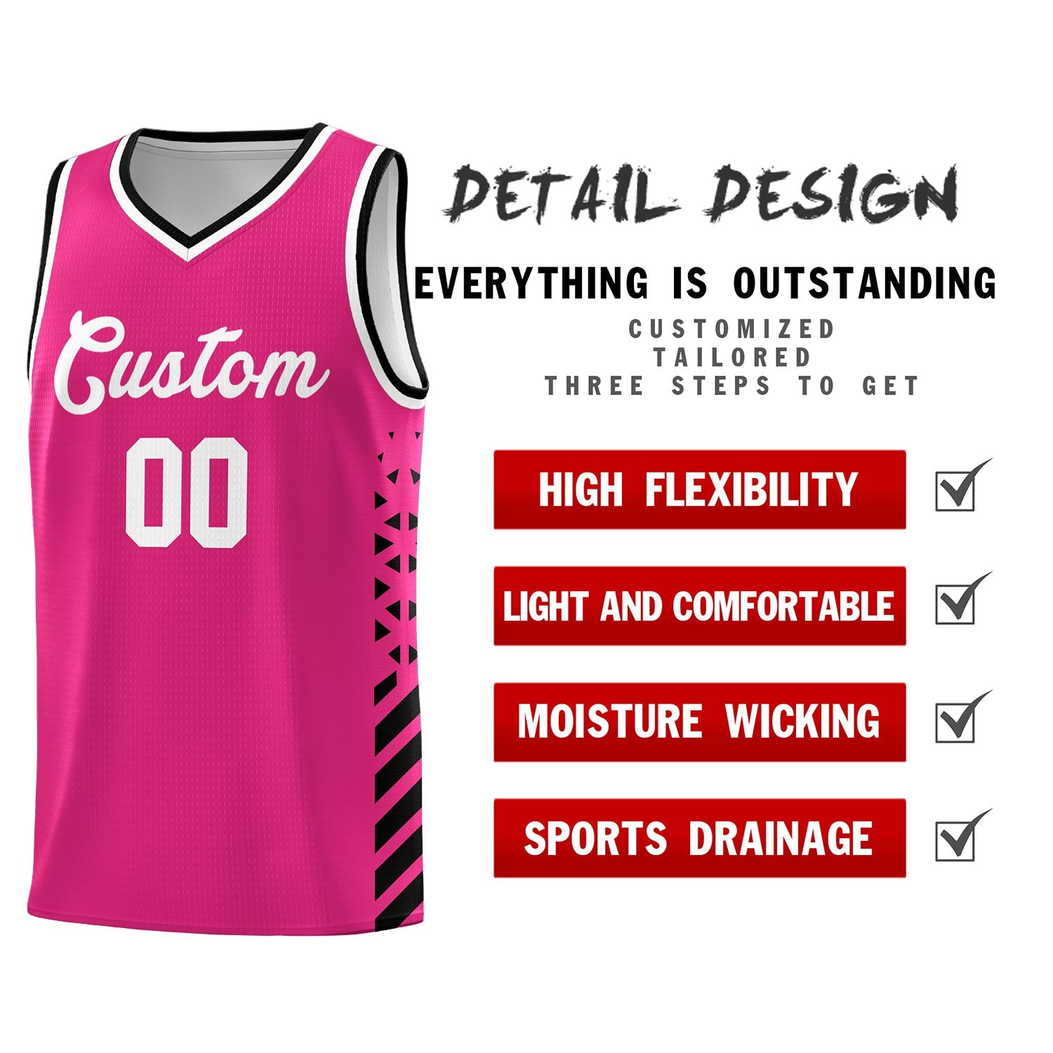 Custom Rose Red Black White Side Diamond Shapes Stripes Basketball Jersey | For Men,Sublimation Printed,Perfect for Teams,Perfect for Coaches | KXKSHOP