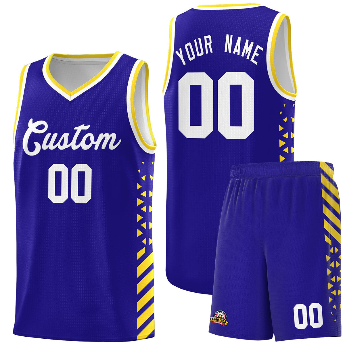 Custom Royal Blue Gold White Side Diamond Shapes Stripes Basketball Jersey | For Men,Sublimation Printed,Perfect for Teams,Perfect for Coaches | KXKSHOP
