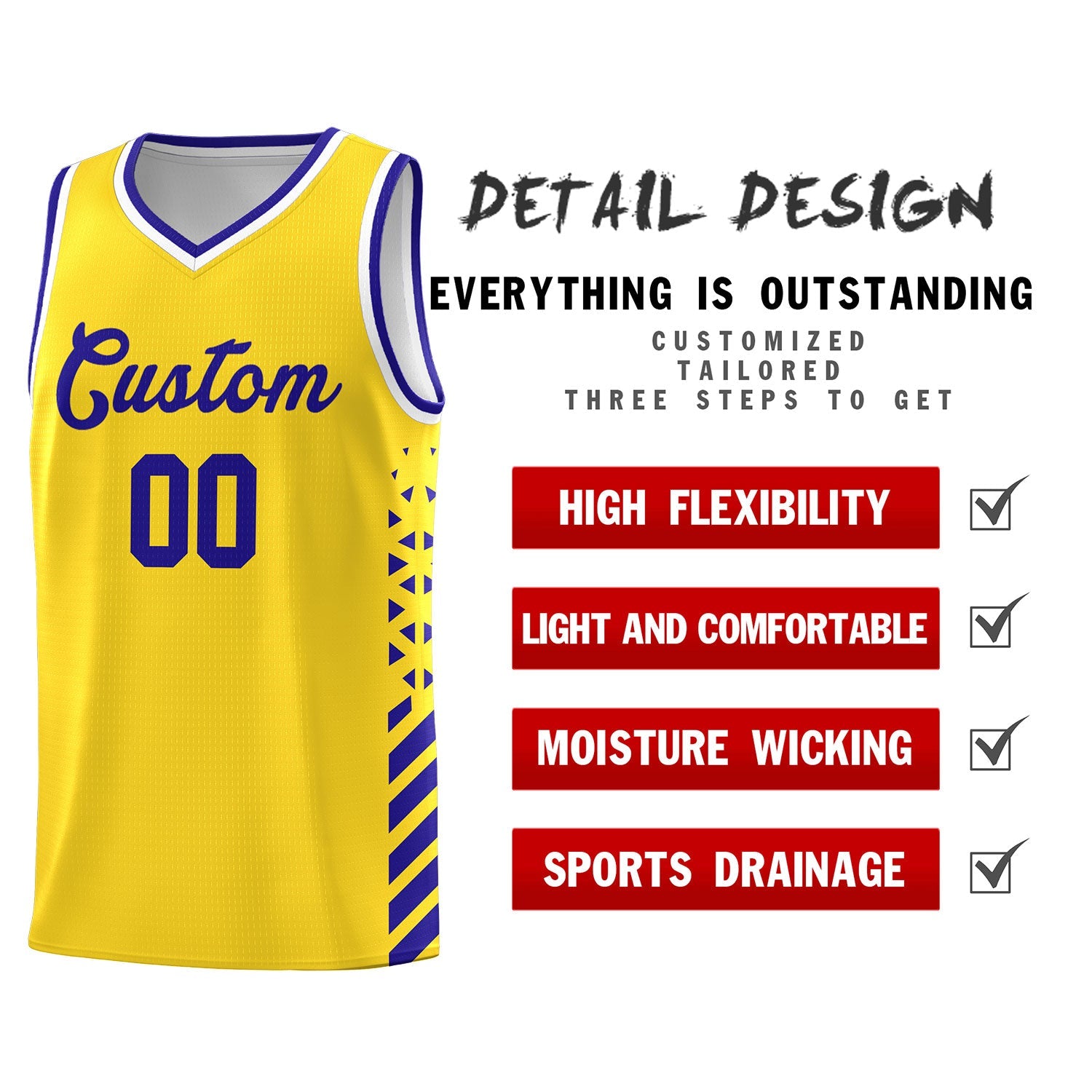 Custom Gold Royal Blue White Side Diamond Shapes Stripes Basketball Jersey | For Men,Sublimation Printed,Perfect for Teams,Perfect for Coaches | KXKSHOP