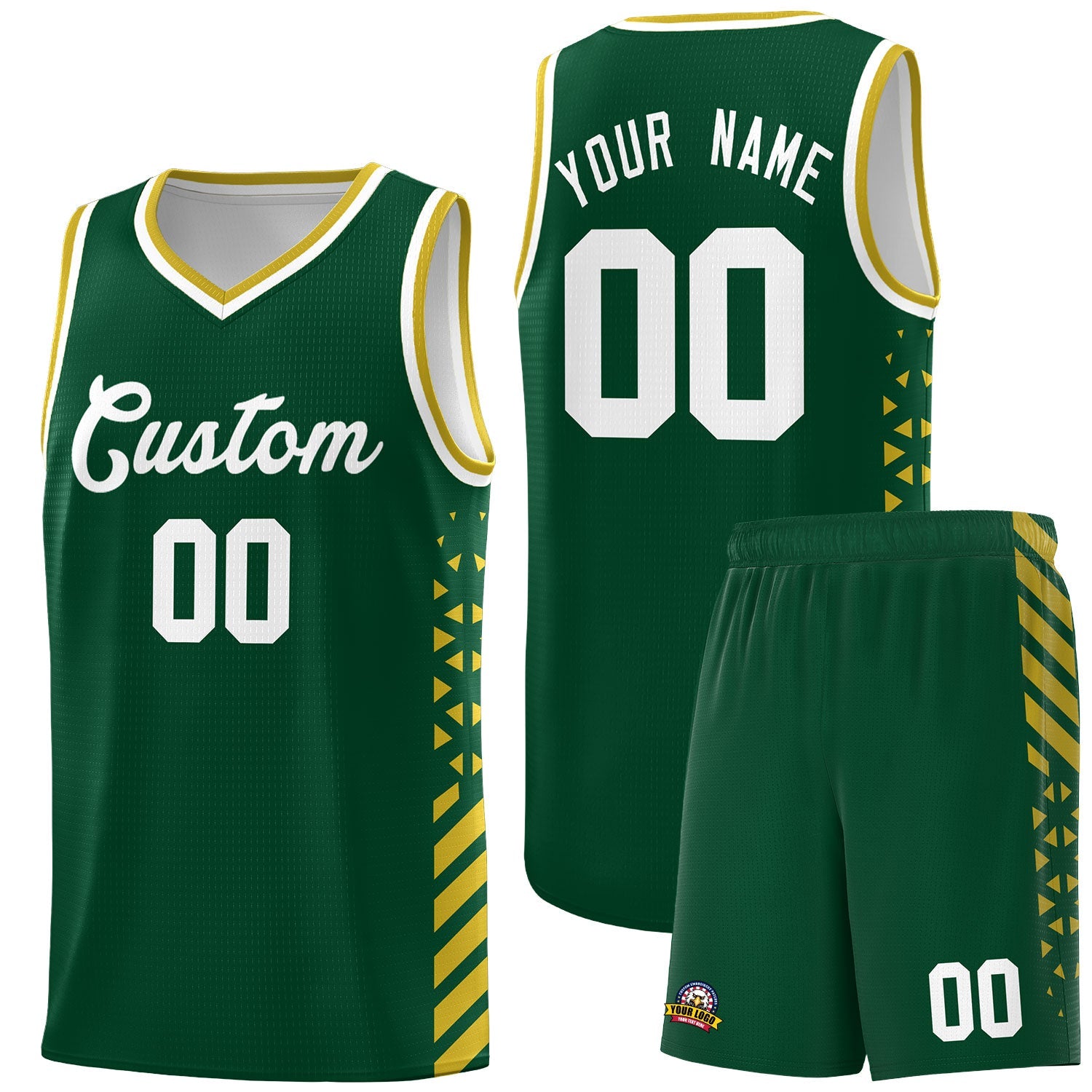 Custom Hunter Green Old Gold White Side Diamond Shapes Stripes Basketball Jersey | For Men,Sublimation Printed,Perfect for Teams,Perfect for Coaches | KXKSHOP