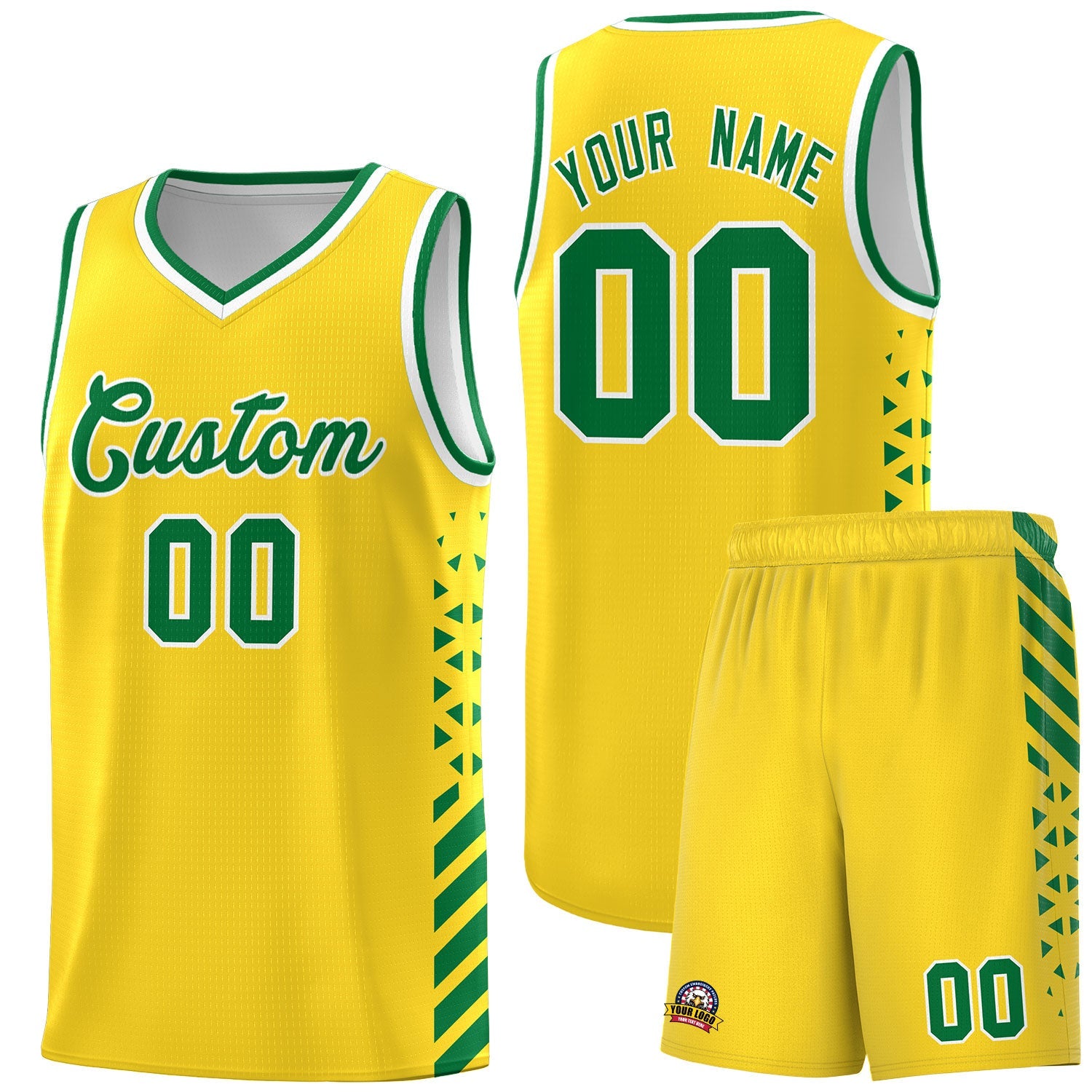 Custom Gold Kelly Green White Side Diamond Shapes Stripes Basketball Jersey | For Men,Sublimation Printed,Perfect for Teams,Perfect for Coaches | KXKSHOP