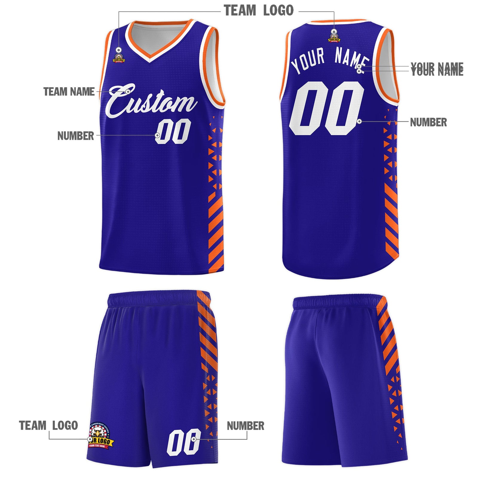 Custom Royal Blue Orange White Side Diamond Shapes Stripes Basketball Jersey | For Men,Sublimation Printed,Perfect for Teams,Perfect for Coaches | KXKSHOP