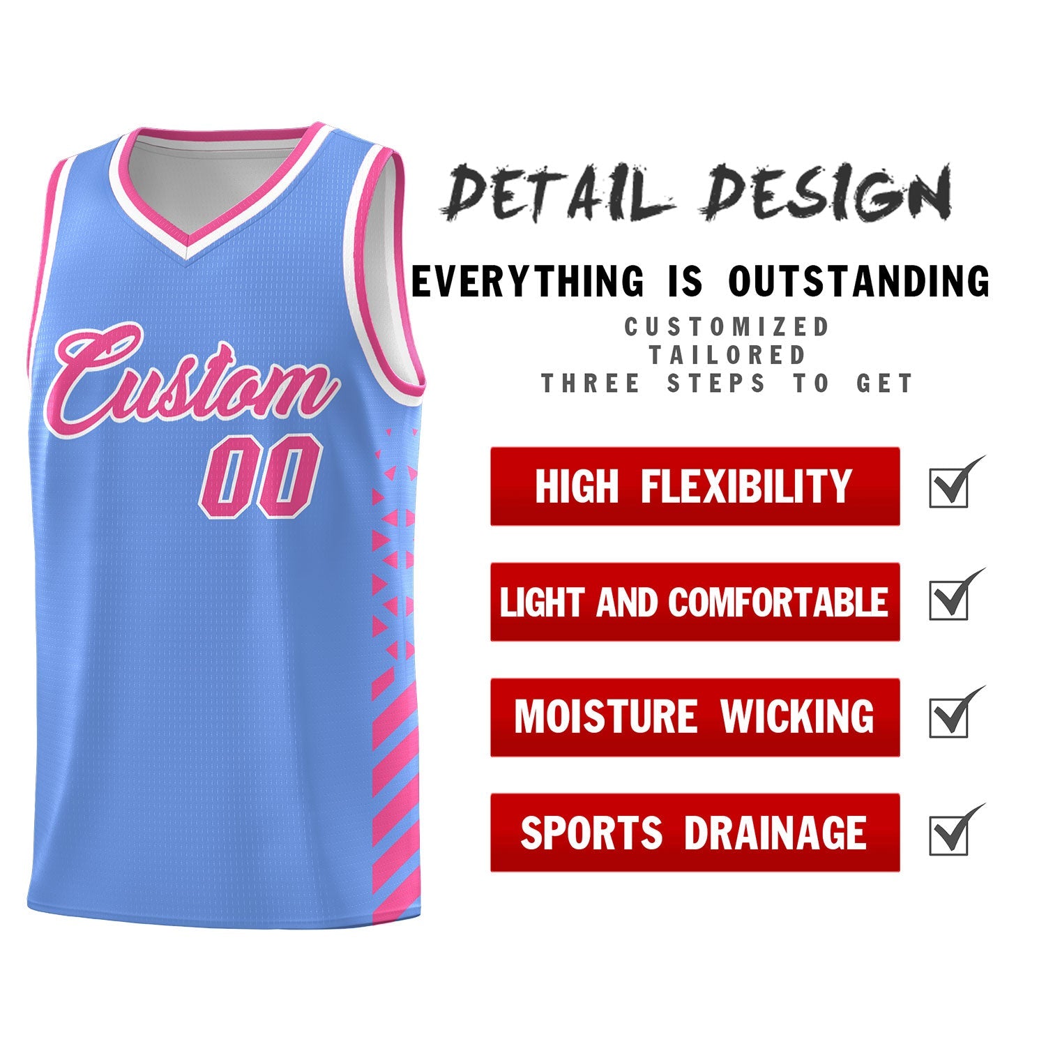 Custom Light Blue Pink White Side Diamond Shapes Stripes Basketball Jersey | For Men,Sublimation Printed,Perfect for Teams,Perfect for Coaches | KXKSHOP