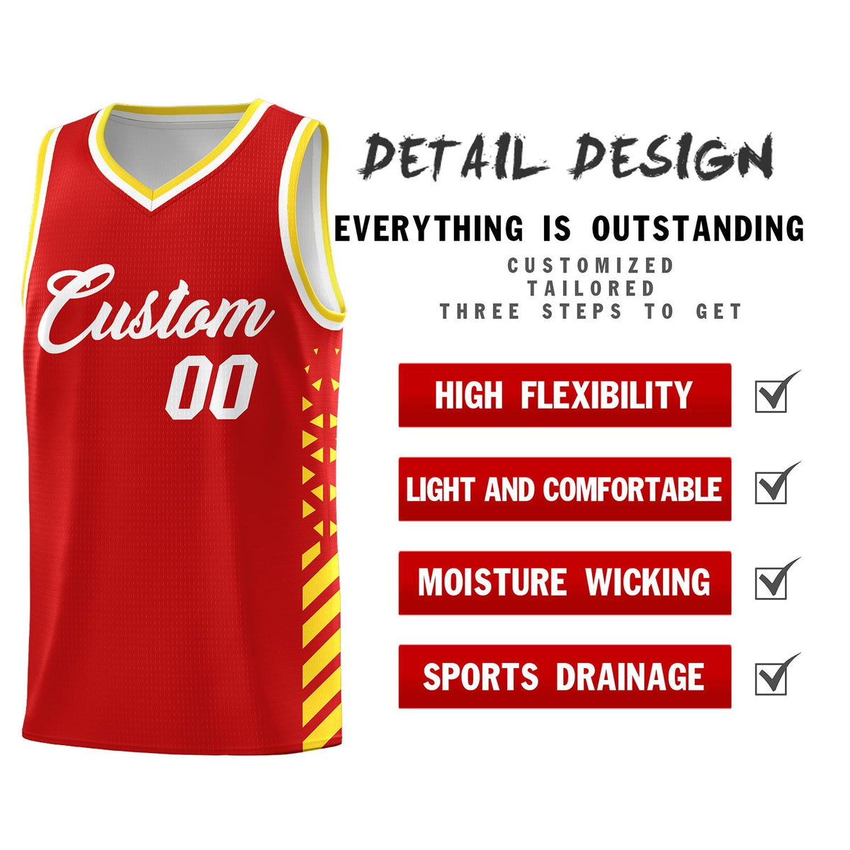 Custom Red Gold White Side Diamond Shapes Stripes Basketball Jersey | For Men,Sublimation Printed,Perfect for Teams,Perfect for Coaches | KXKSHOP