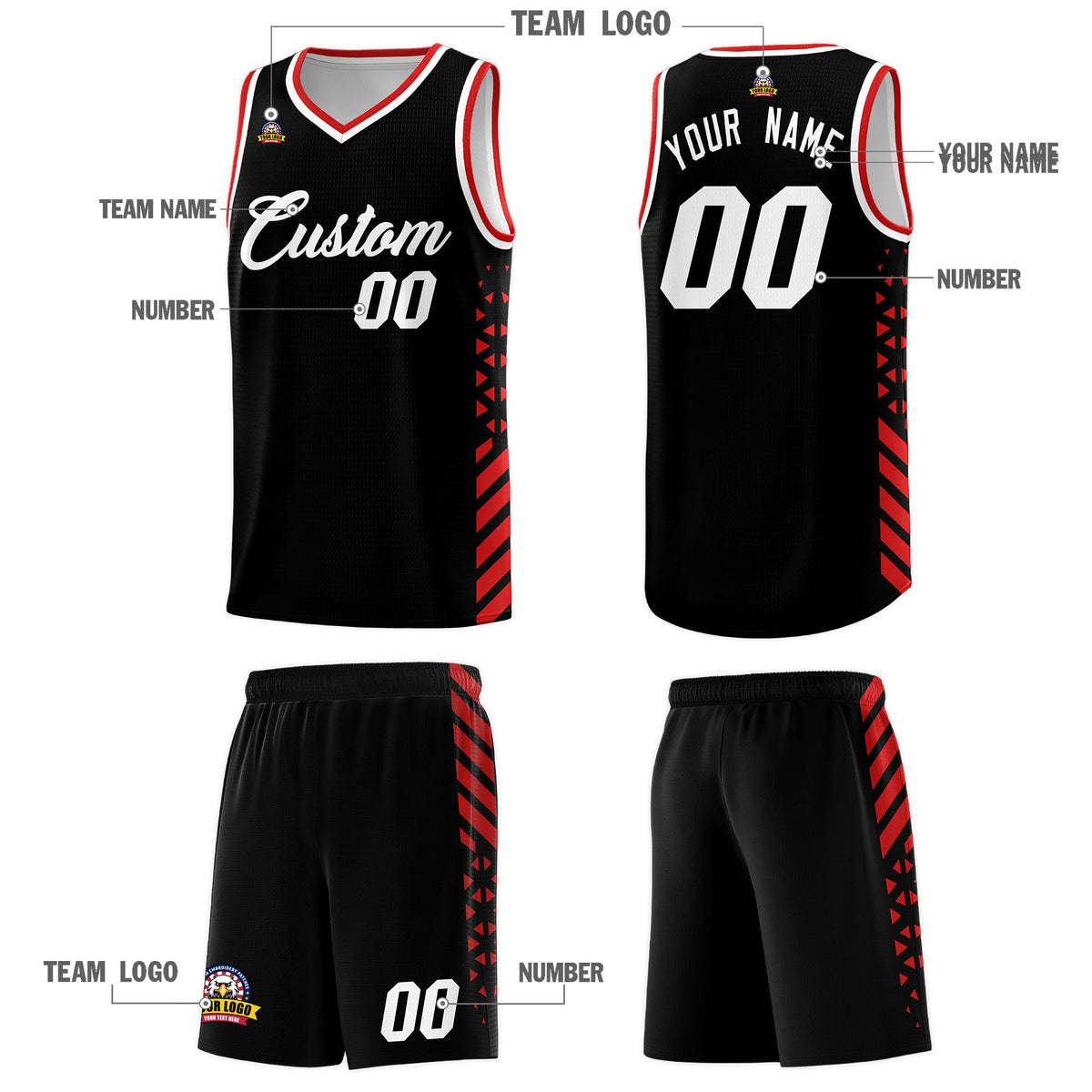 Custom Black Red White Side Diamond Shapes Stripes Basketball Jersey | For Men,Sublimation Printed,Perfect for Teams,Perfect for Coaches | KXKSHOP