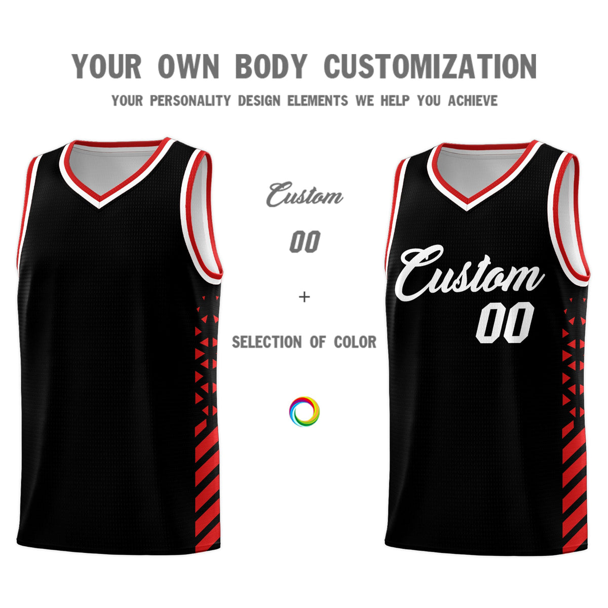Custom Black Red White Side Diamond Shapes Stripes Basketball Jersey | For Men,Sublimation Printed,Perfect for Teams,Perfect for Coaches | KXKSHOP