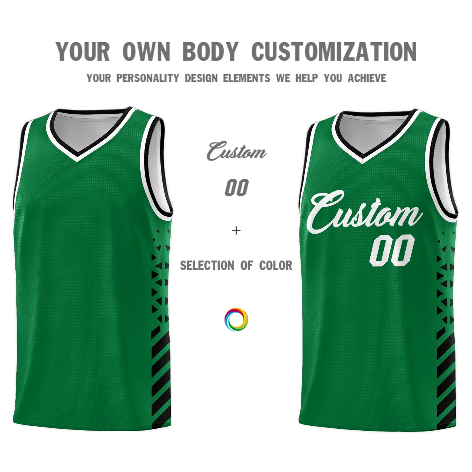 Custom Kelly Green Black White Side Diamond Shapes Stripes Basketball Jersey | For Men,Sublimation Printed,Perfect for Teams,Perfect for Coaches | KXKSHOP
