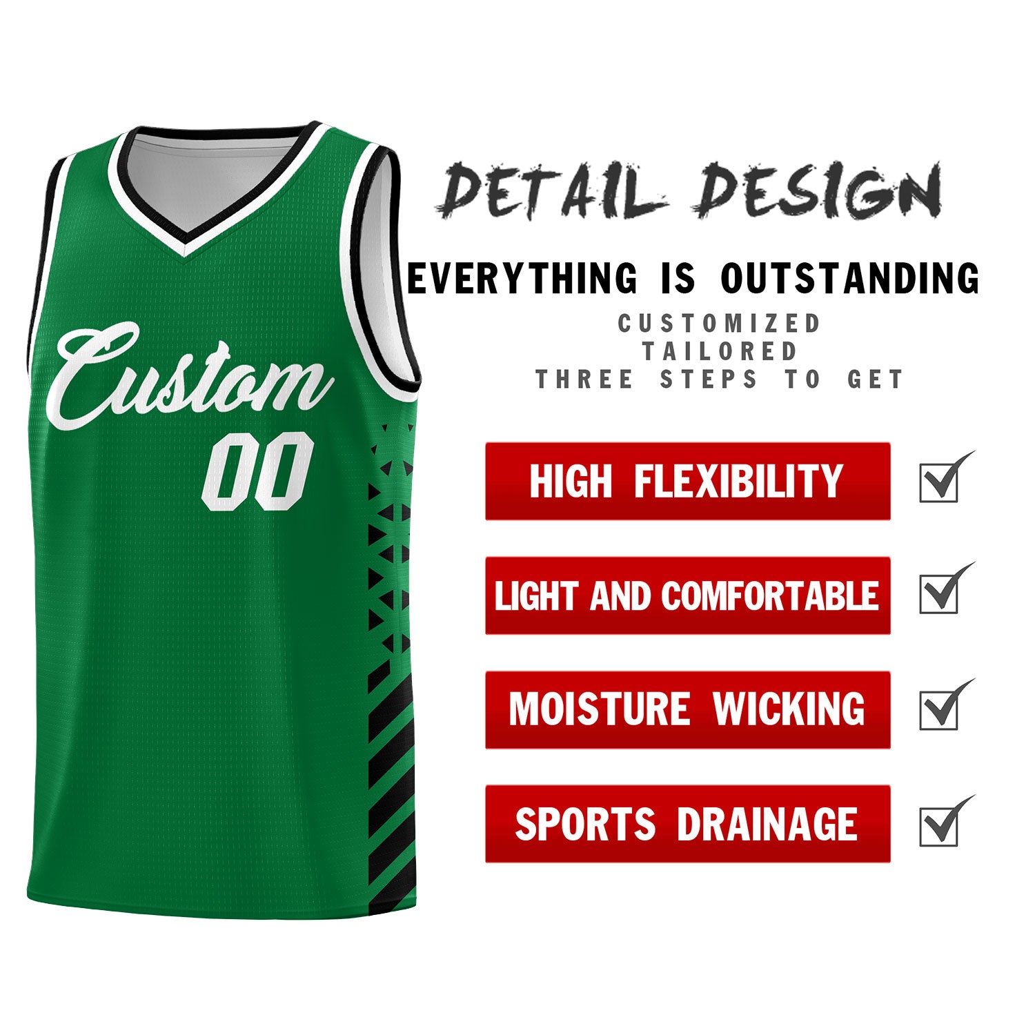 Custom Kelly Green Black White Side Diamond Shapes Stripes Basketball Jersey | For Men,Sublimation Printed,Perfect for Teams,Perfect for Coaches | KXKSHOP