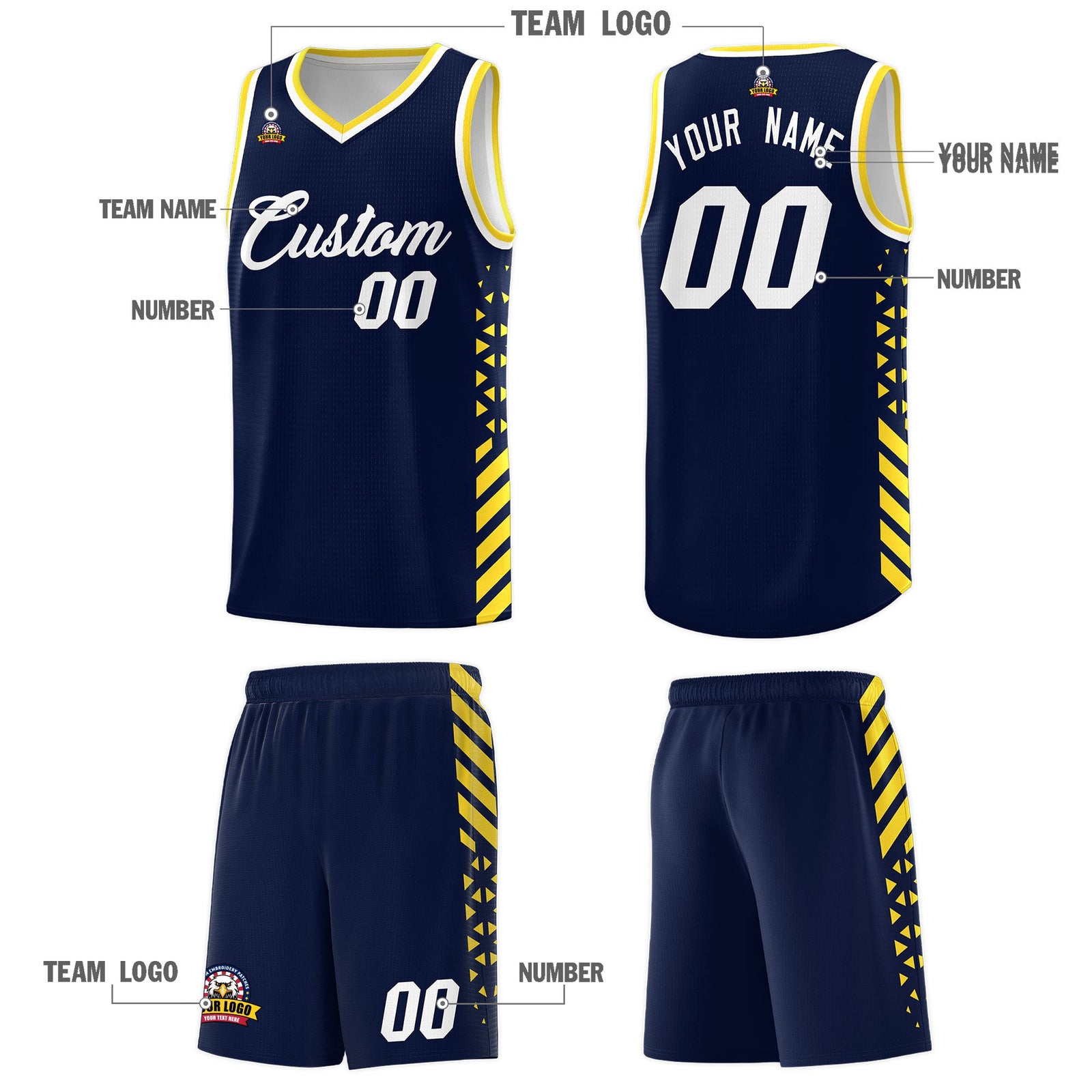Custom Navy Gold White Side Diamond Shapes Stripes Basketball Jersey | For Men,Sublimation Printed,Perfect for Teams,Perfect for Coaches | KXKSHOP