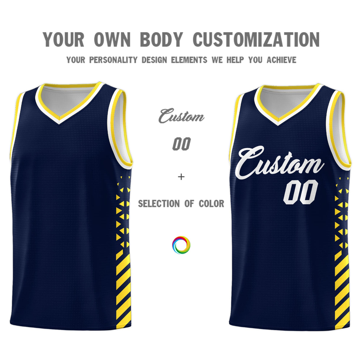 Custom Navy Gold White Side Diamond Shapes Stripes Basketball Jersey | For Men,Sublimation Printed,Perfect for Teams,Perfect for Coaches | KXKSHOP