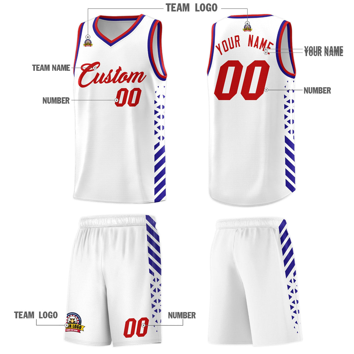 Custom White Royal Blue Red Side Diamond Shapes Stripes Basketball Jersey | For Men,Sublimation Printed,Perfect for Teams,Perfect for Coaches | KXKSHOP