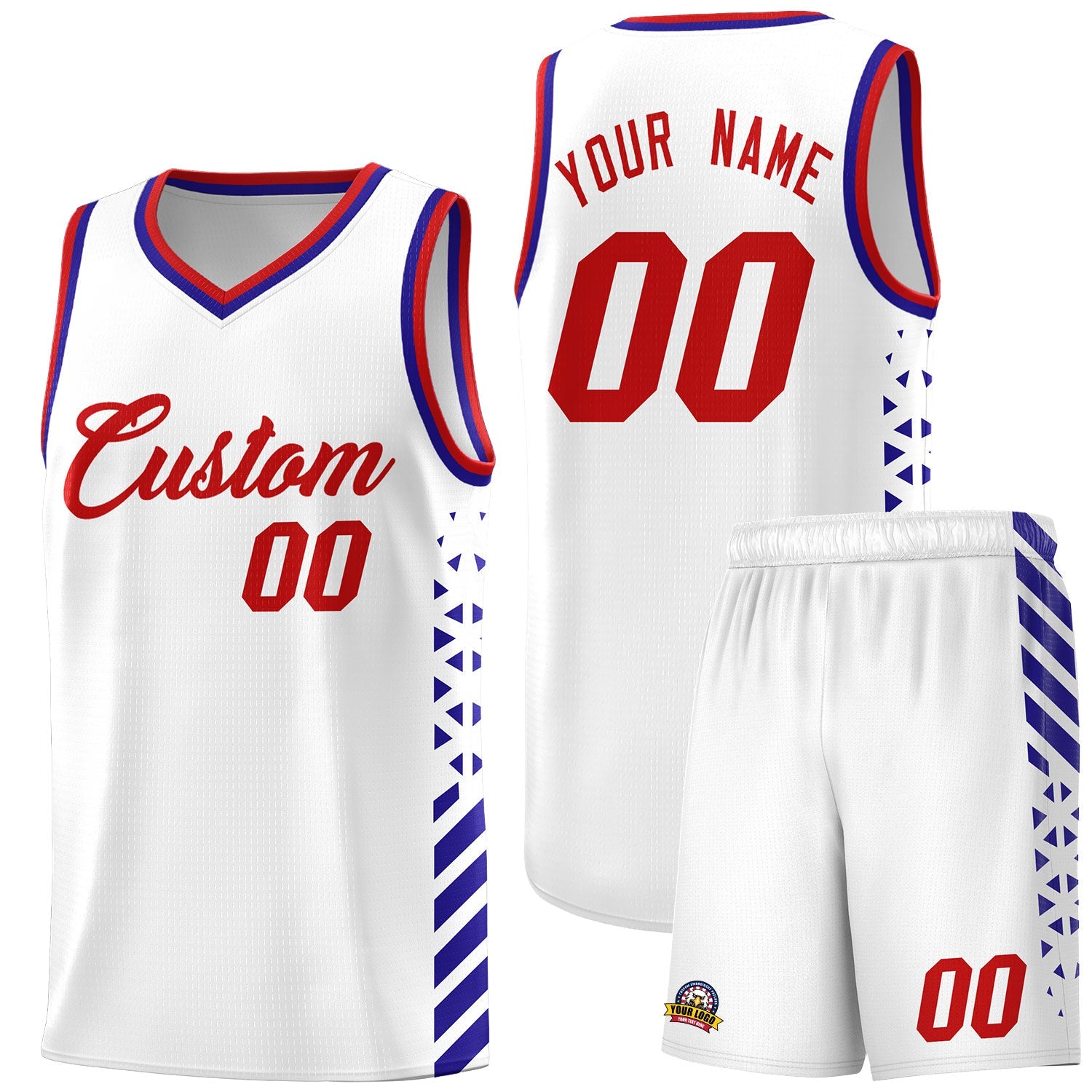 Custom White Royal Blue Red Side Diamond Shapes Stripes Basketball Jersey | For Men,Sublimation Printed,Perfect for Teams,Perfect for Coaches | KXKSHOP