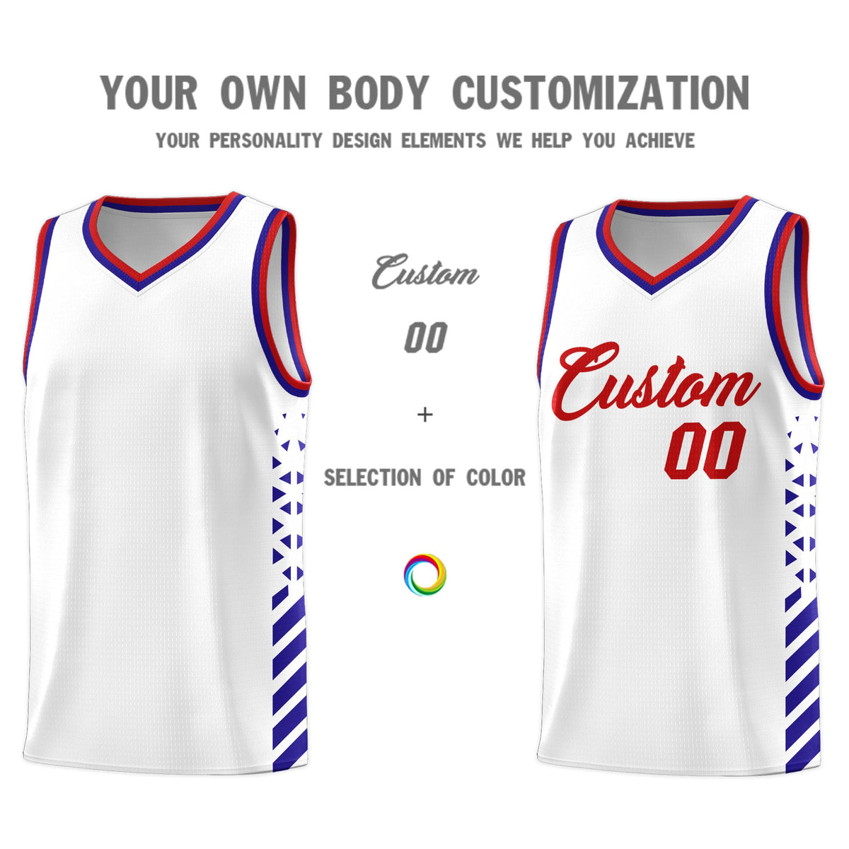 Custom White Royal Blue Red Side Diamond Shapes Stripes Basketball Jersey | For Men,Sublimation Printed,Perfect for Teams,Perfect for Coaches | KXKSHOP