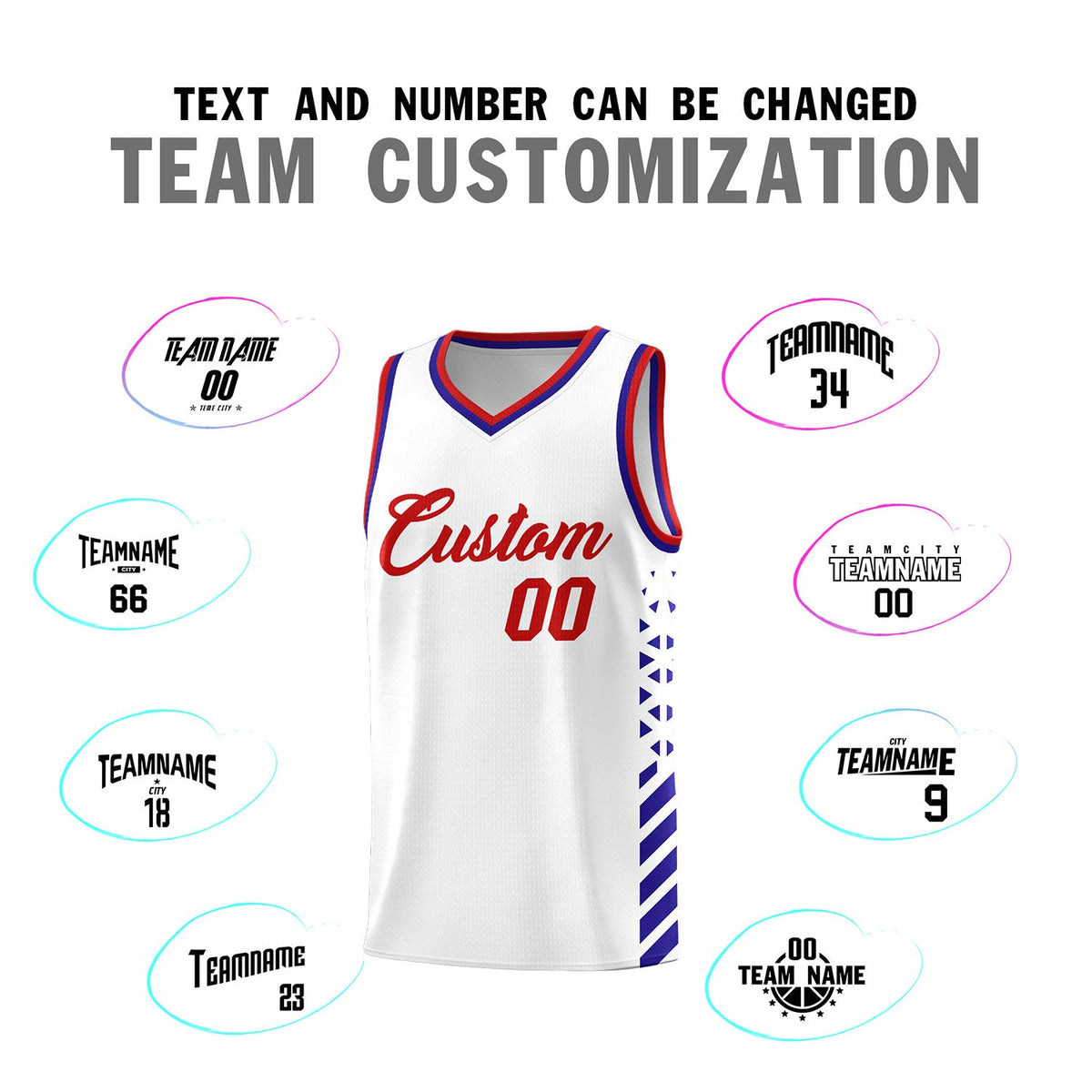 Custom White Royal Blue Red Side Diamond Shapes Stripes Basketball Jersey | For Men,Sublimation Printed,Perfect for Teams,Perfect for Coaches | KXKSHOP