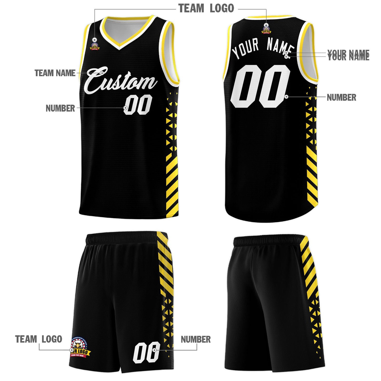Custom Black Gold White Side Diamond Shapes Stripes Basketball Jersey | For Men,Sublimation Printed,Perfect for Teams,Perfect for Coaches | KXKSHOP