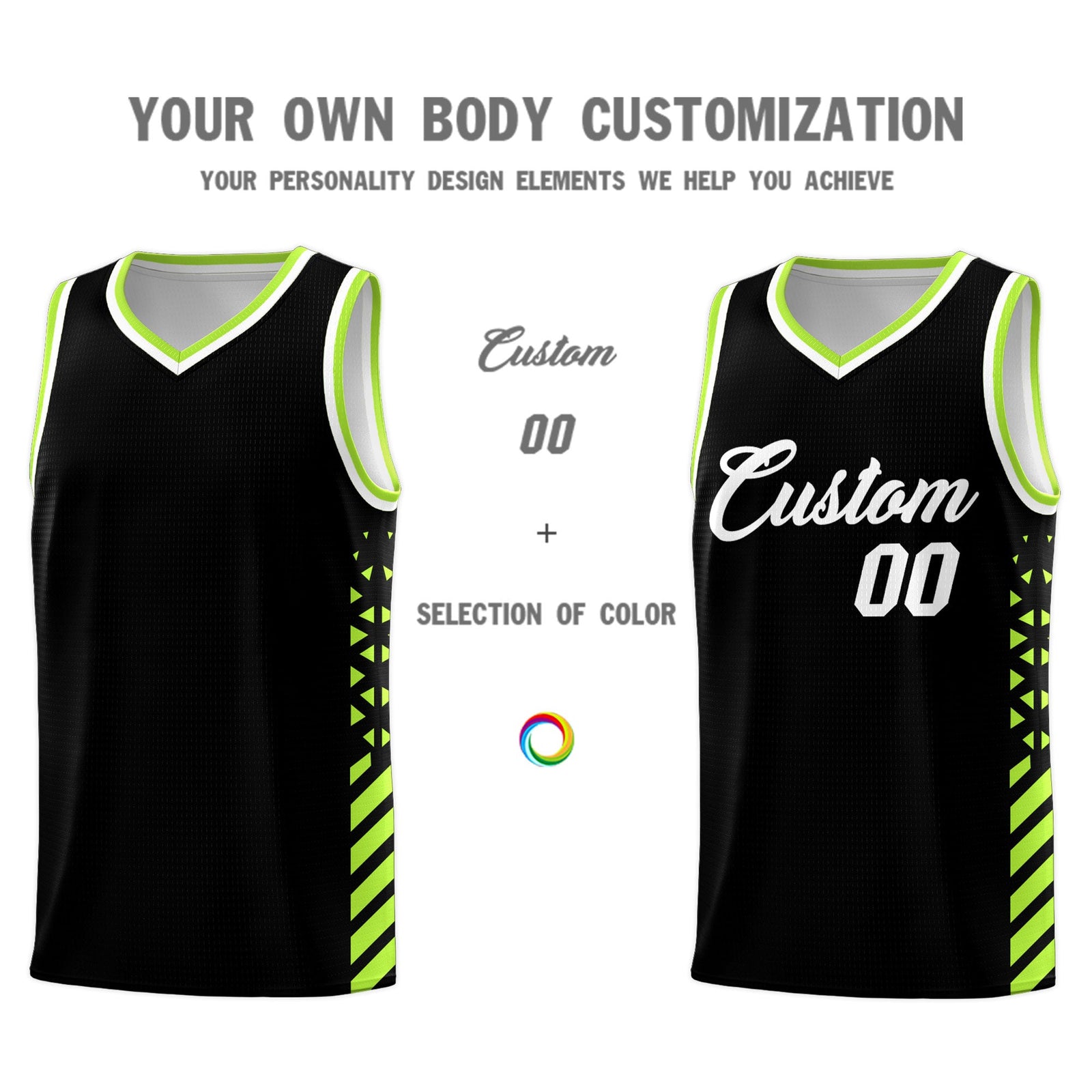 Custom Black Neon Green White Side Diamond Shapes Stripes Basketball Jersey | For Men,Sublimation Printed,Perfect for Teams,Perfect for Coaches | KXKSHOP