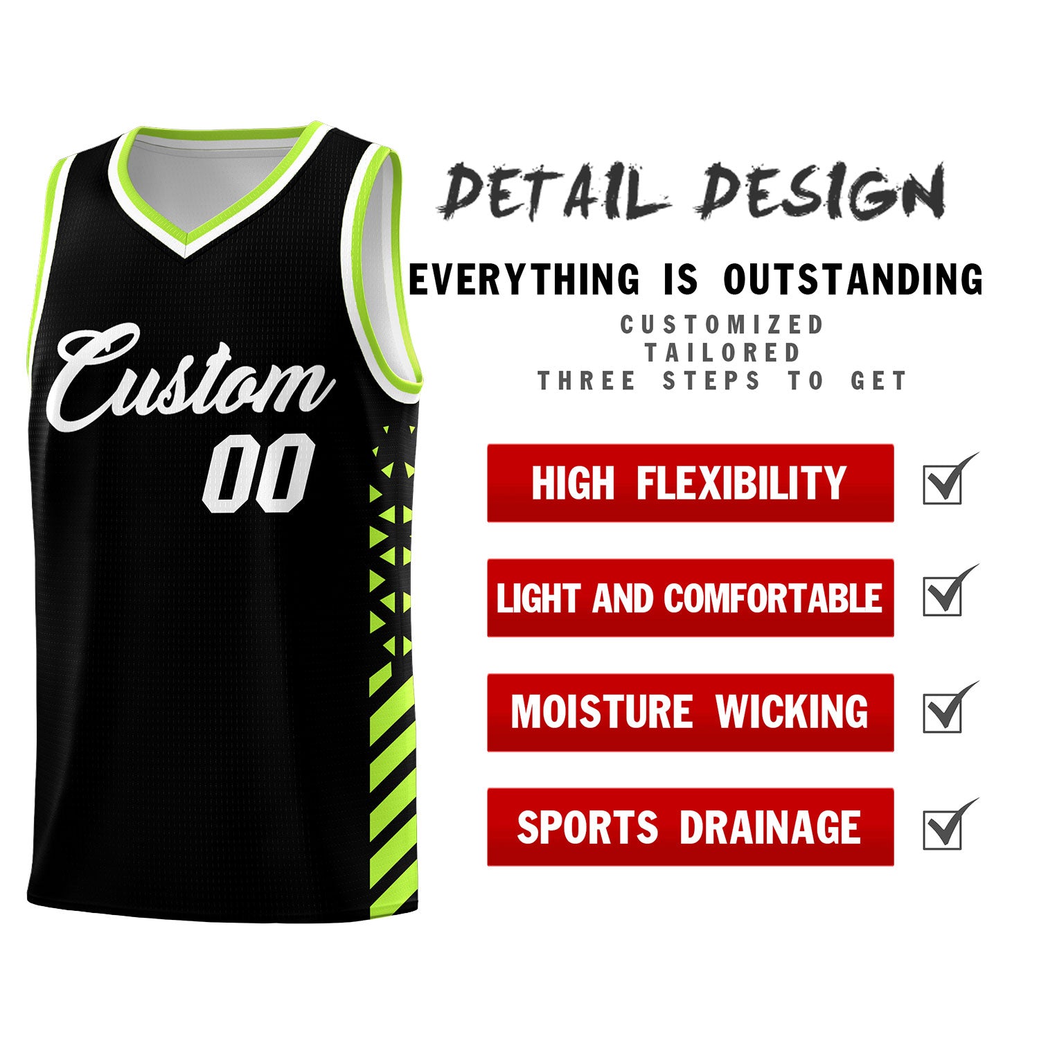 Custom Black Neon Green White Side Diamond Shapes Stripes Basketball Jersey | For Men,Sublimation Printed,Perfect for Teams,Perfect for Coaches | KXKSHOP