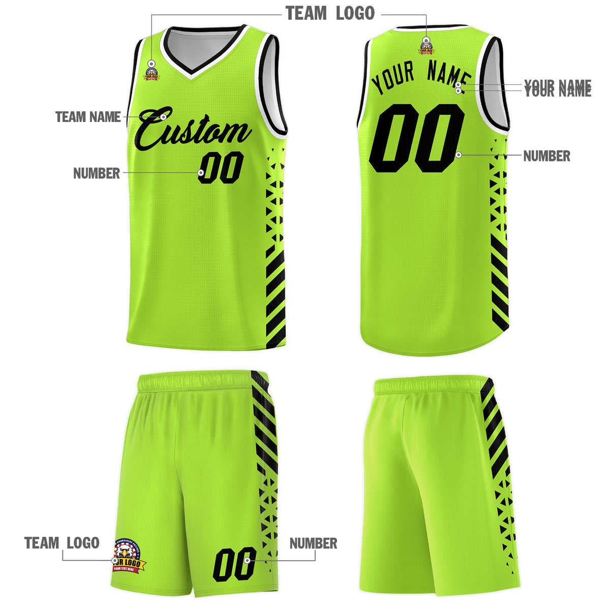 Custom Neon Green Black White Side Diamond Shapes Stripes Basketball Jersey | For Men,Sublimation Printed,Perfect for Teams,Perfect for Coaches | KXKSHOP