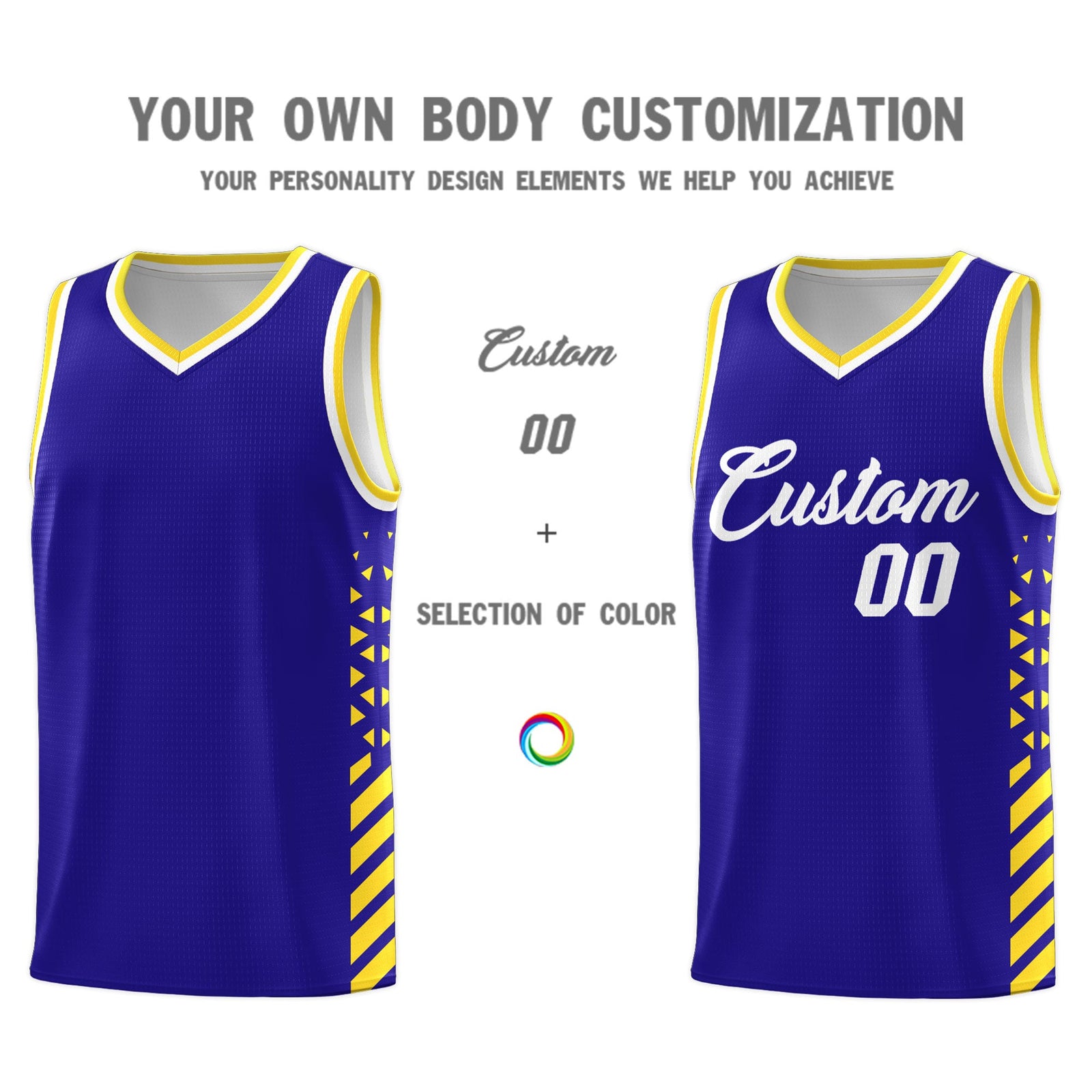 Custom Royal Blue Gold White Side Diamond Shapes Stripes Basketball Jersey | For Men,Sublimation Printed,Perfect for Teams,Perfect for Coaches | KXKSHOP