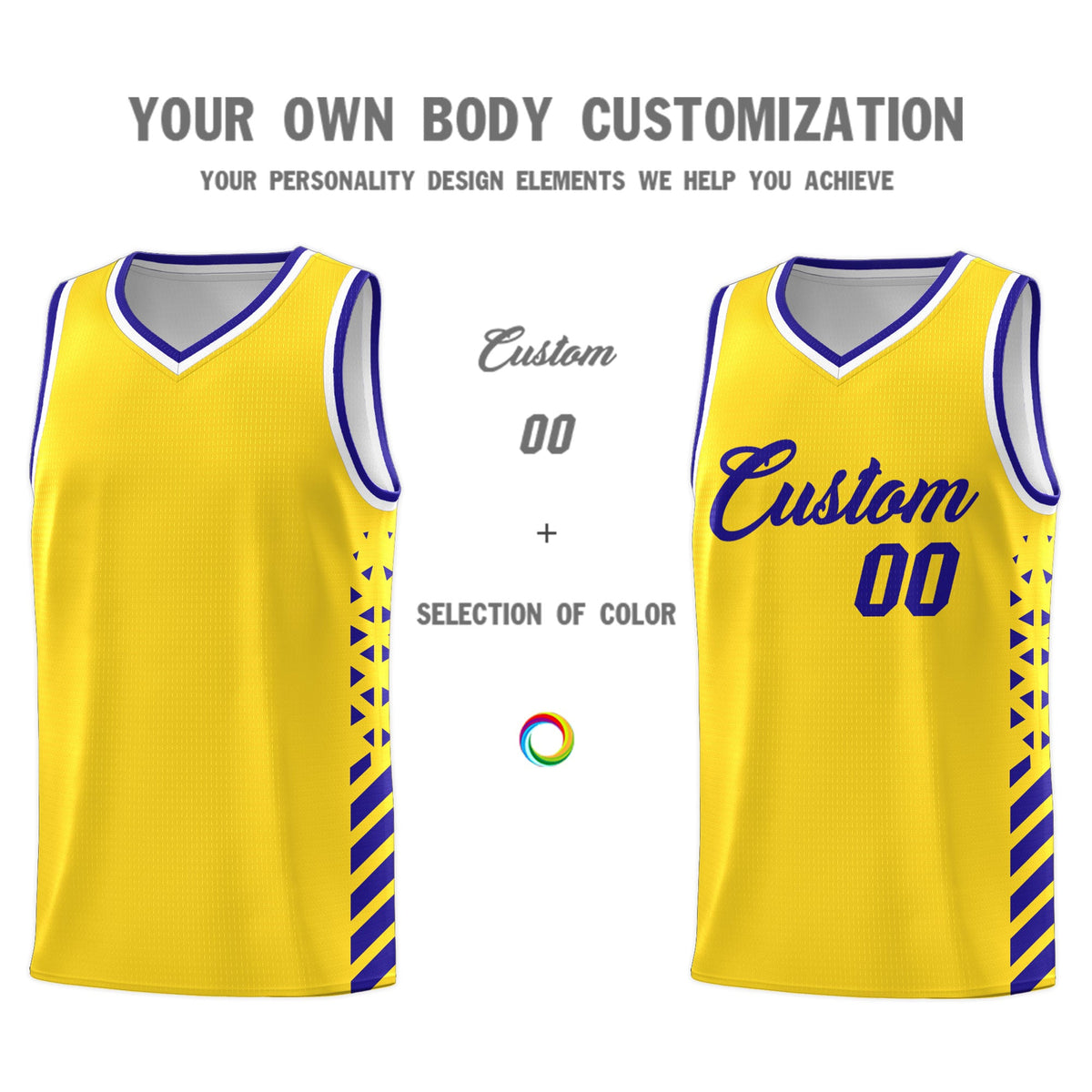 Custom Gold Royal Blue White Side Diamond Shapes Stripes Basketball Jersey | For Men,Sublimation Printed,Perfect for Teams,Perfect for Coaches | KXKSHOP