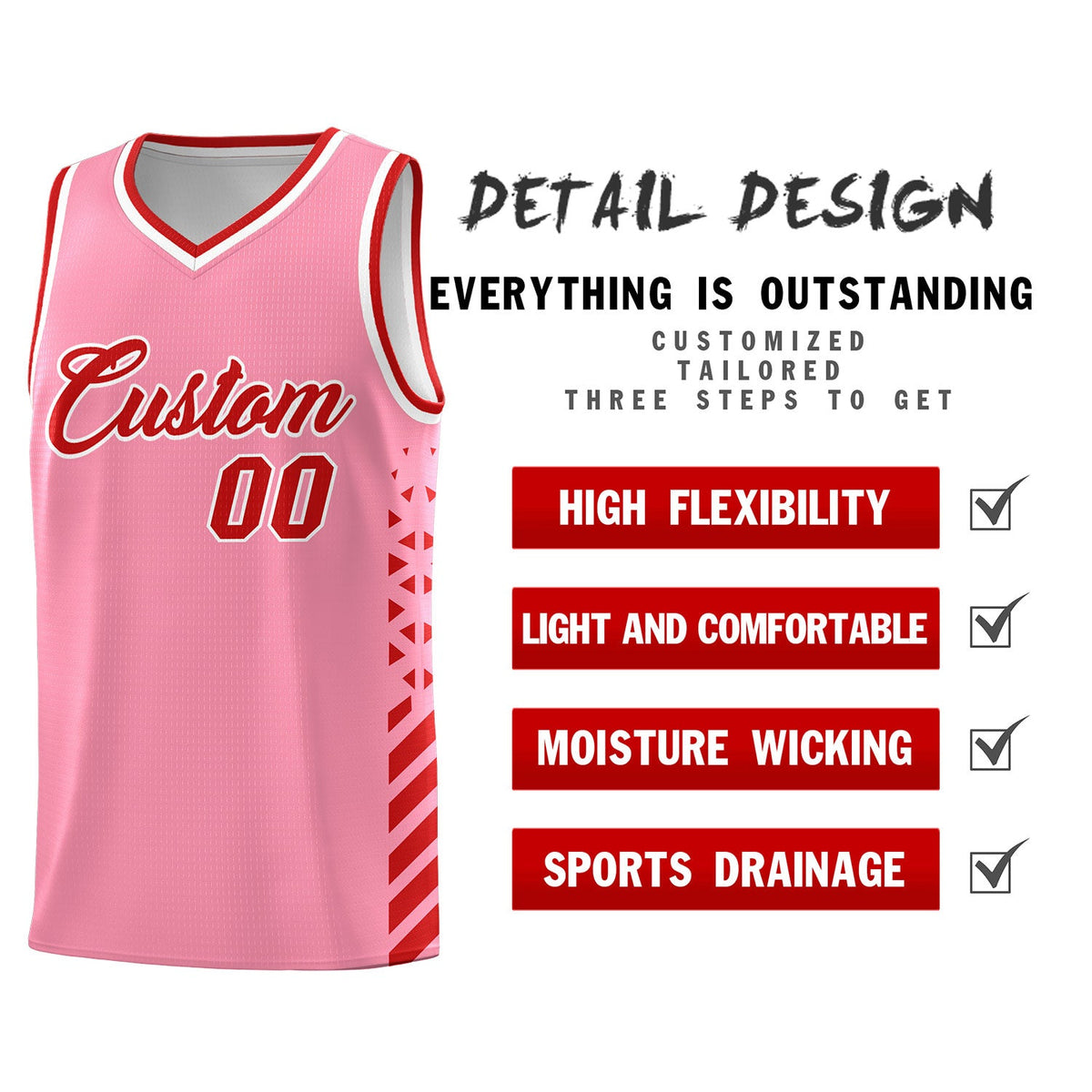 Custom Light Pink Red White Side Diamond Shapes Stripes Basketball Jersey | For Men,Sublimation Printed,Perfect for Teams,Perfect for Coaches | KXKSHOP
