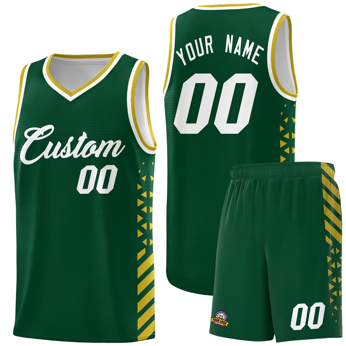 Custom Hunter Green Old Gold White Side Diamond Shapes Stripes Basketball Jersey | For Men,Sublimation Printed,Perfect for Teams,Perfect for Coaches | KXKSHOP