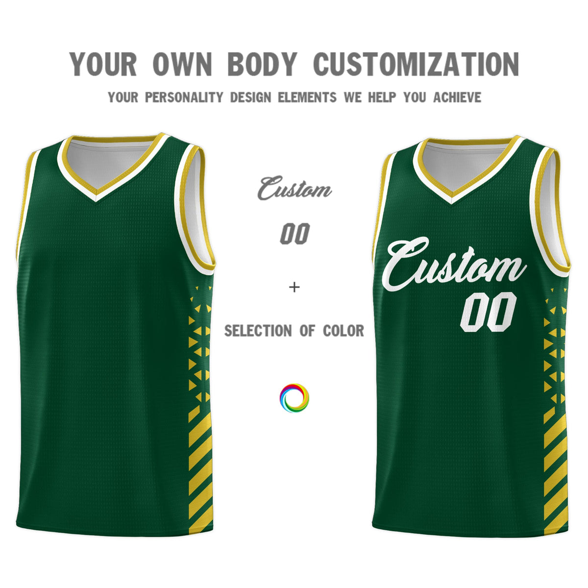 Custom Hunter Green Old Gold White Side Diamond Shapes Stripes Basketball Jersey | For Men,Sublimation Printed,Perfect for Teams,Perfect for Coaches | KXKSHOP