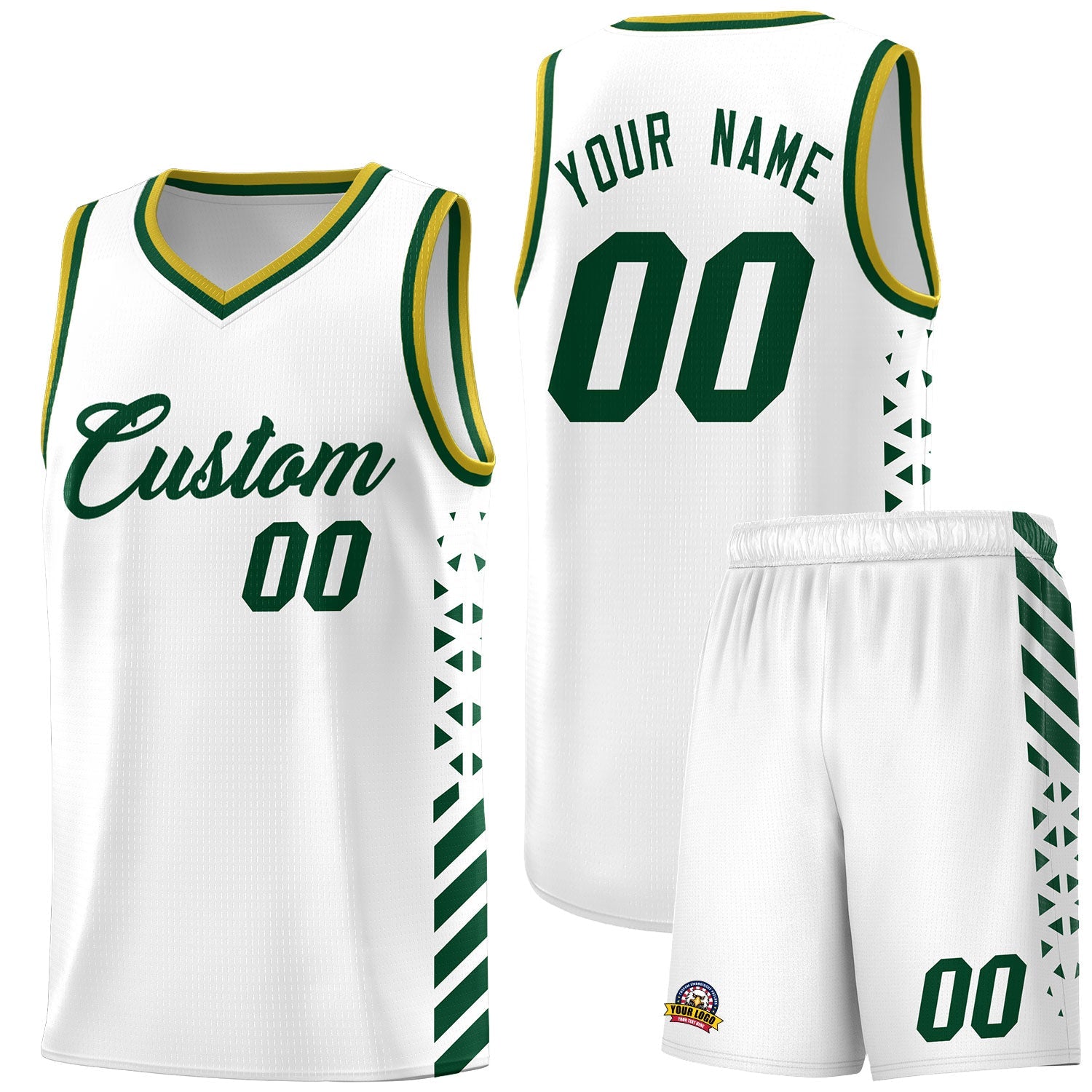Custom White Hunter Green Old Gold Side Diamond Shapes Stripes Basketball Jersey | For Men,Sublimation Printed,Perfect for Teams,Perfect for Coaches | KXKSHOP