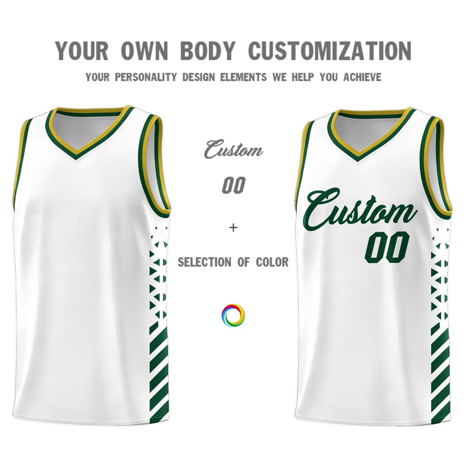 Custom White Hunter Green Old Gold Side Diamond Shapes Stripes Basketball Jersey | For Men,Sublimation Printed,Perfect for Teams,Perfect for Coaches | KXKSHOP